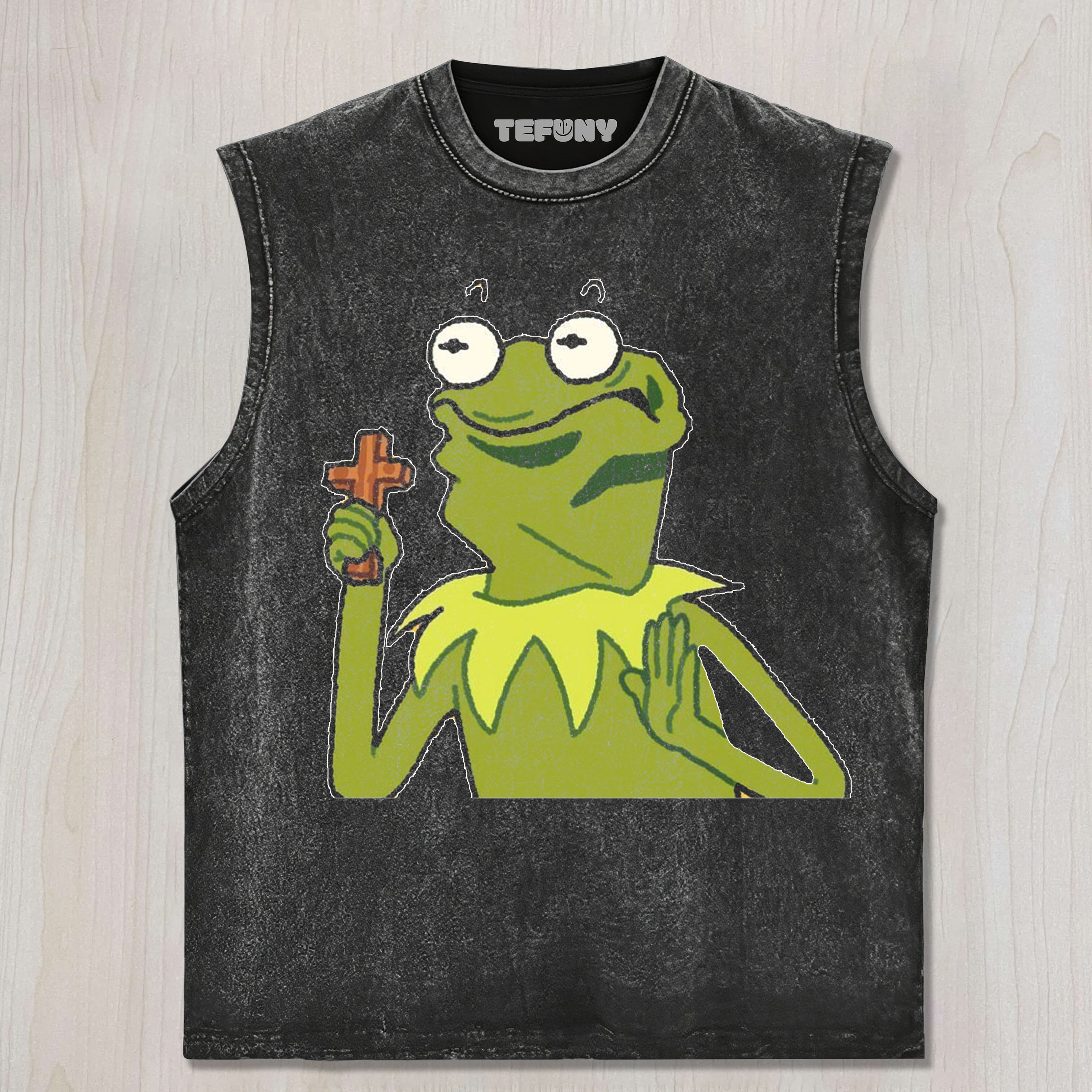 FROG HOLDING A CROSS UNISEX TEE, TANK TOP, LAYERED LS, SWEATSHIRT & HOODIE