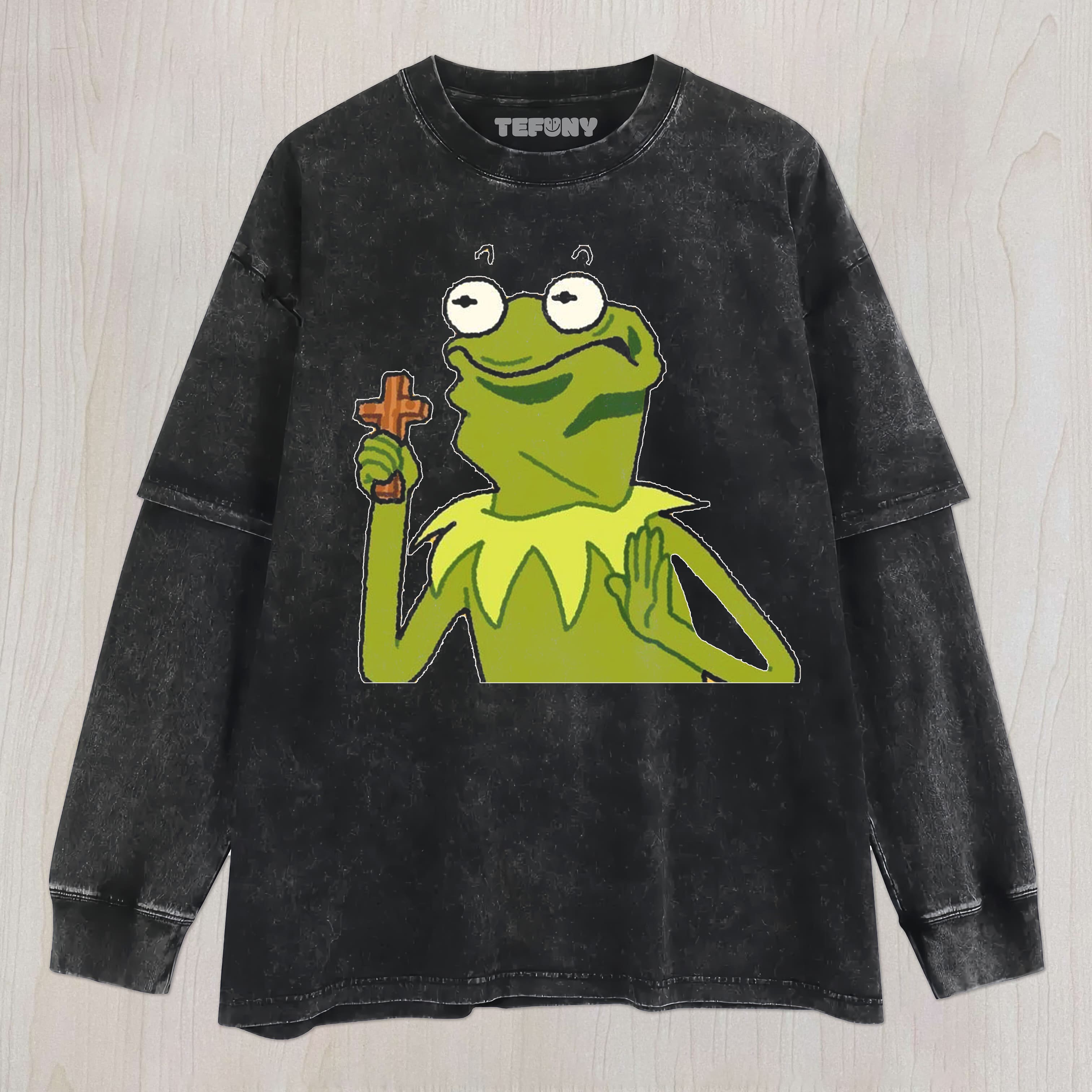 FROG HOLDING A CROSS UNISEX TEE, TANK TOP, LAYERED LS, SWEATSHIRT & HOODIE