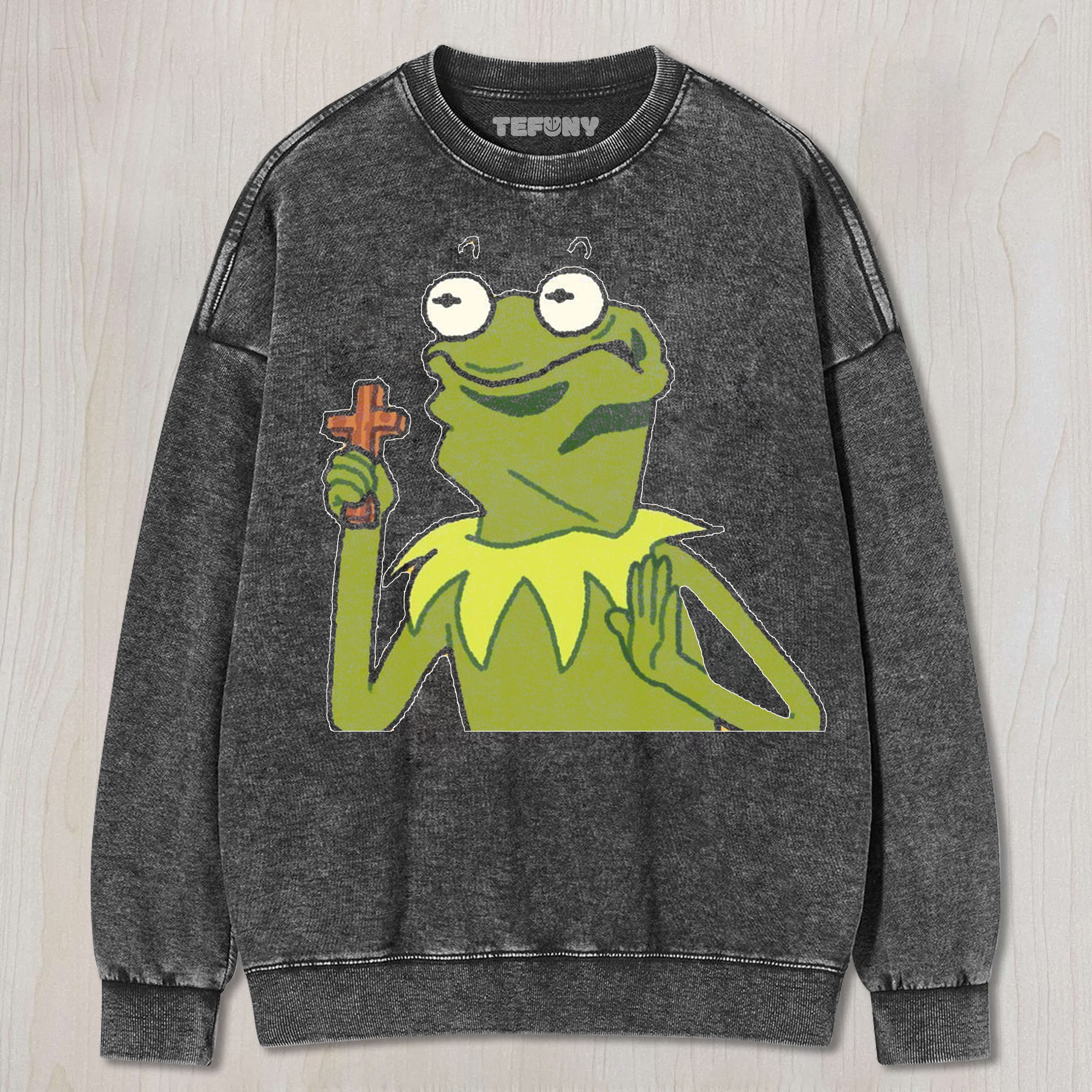FROG HOLDING A CROSS UNISEX TEE, TANK TOP, LAYERED LS, SWEATSHIRT & HOODIE