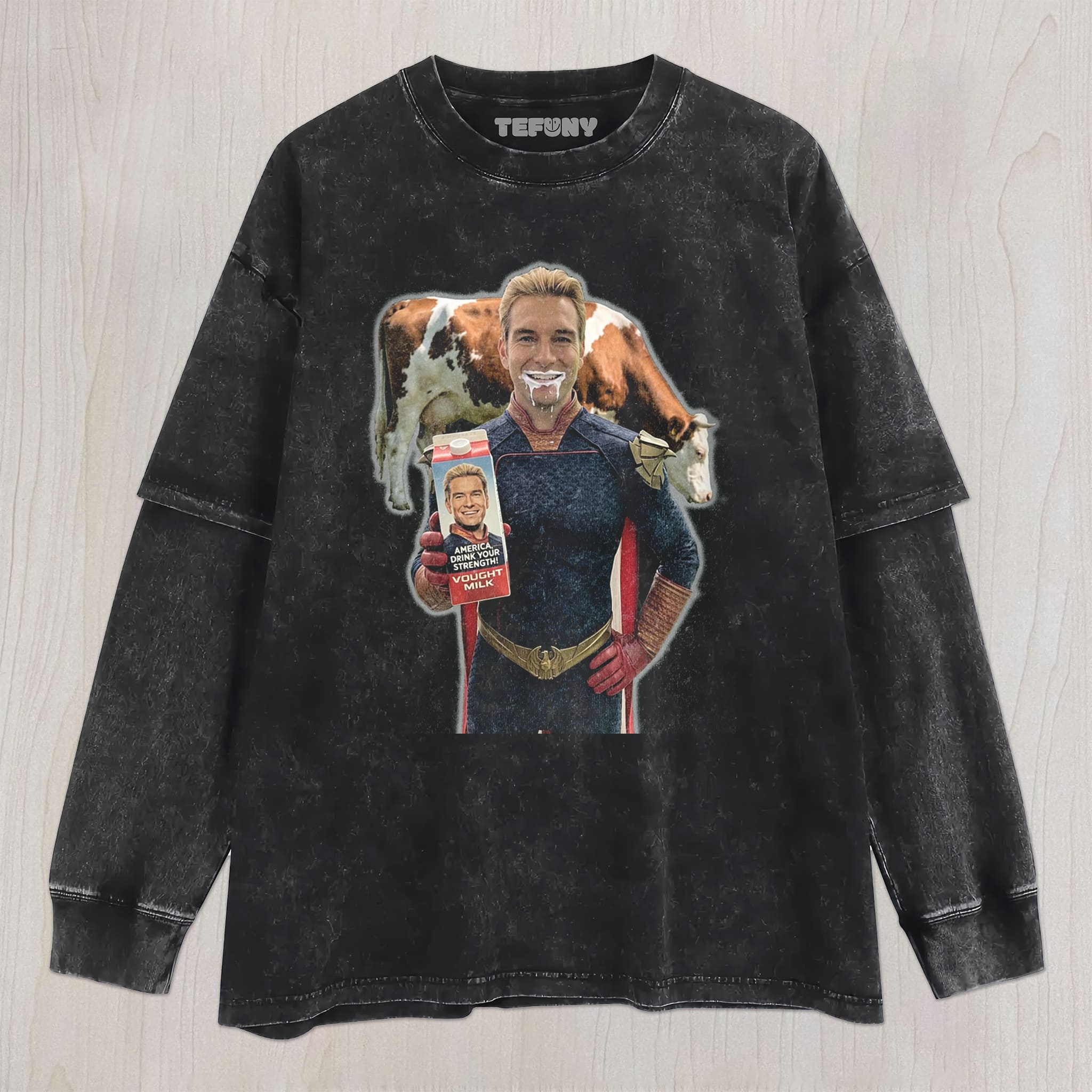 FUNNY CAPED HERO MILK ART UNISEX TEE, TANK TOP, LAYERED LS, SWEATSHIRT & HOODIE