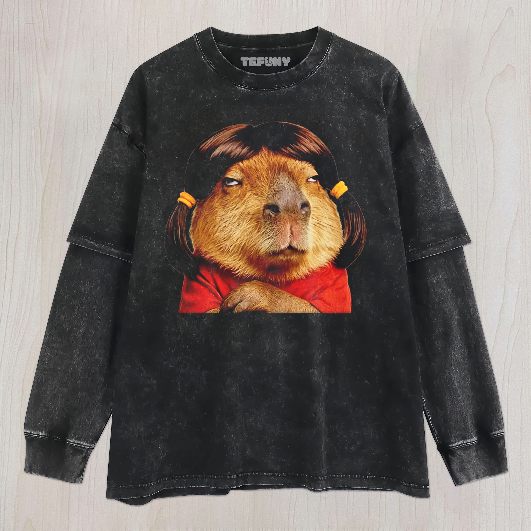FUNNY CAPYBARA WITH WIG GRAPHIC UNISEX TEE, TANK TOP, LAYERED LS, SWEATSHIRT & HOODIE
