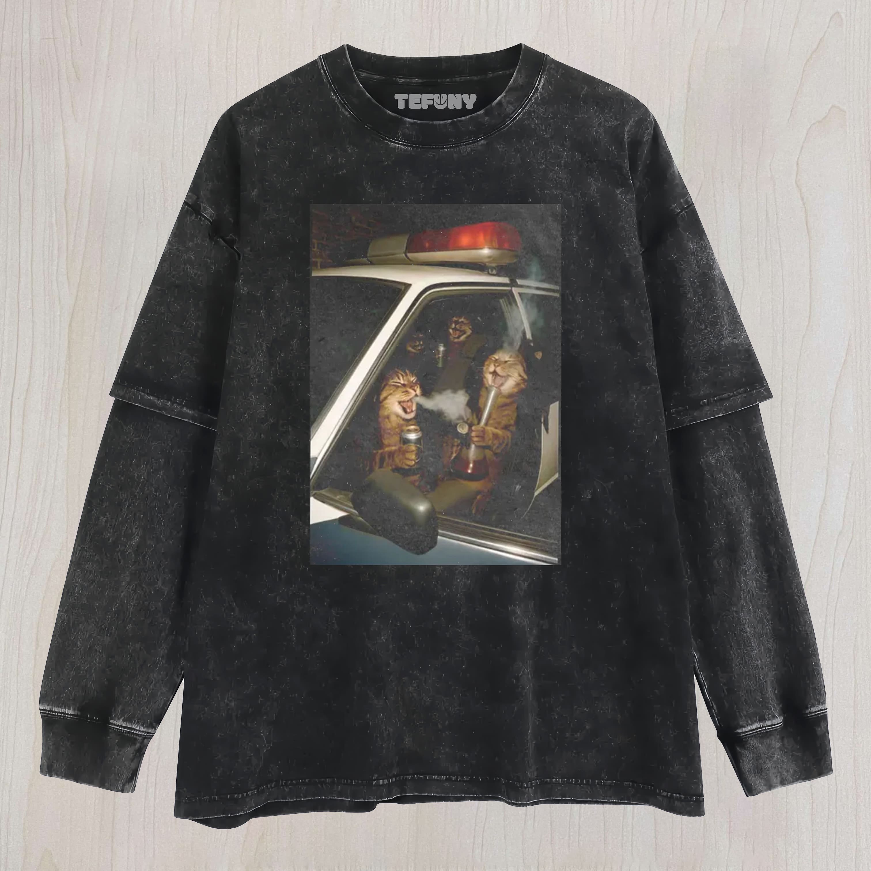 FUNNY CAT GRAPHICS WASHED LAYERED LONG SLEEVE