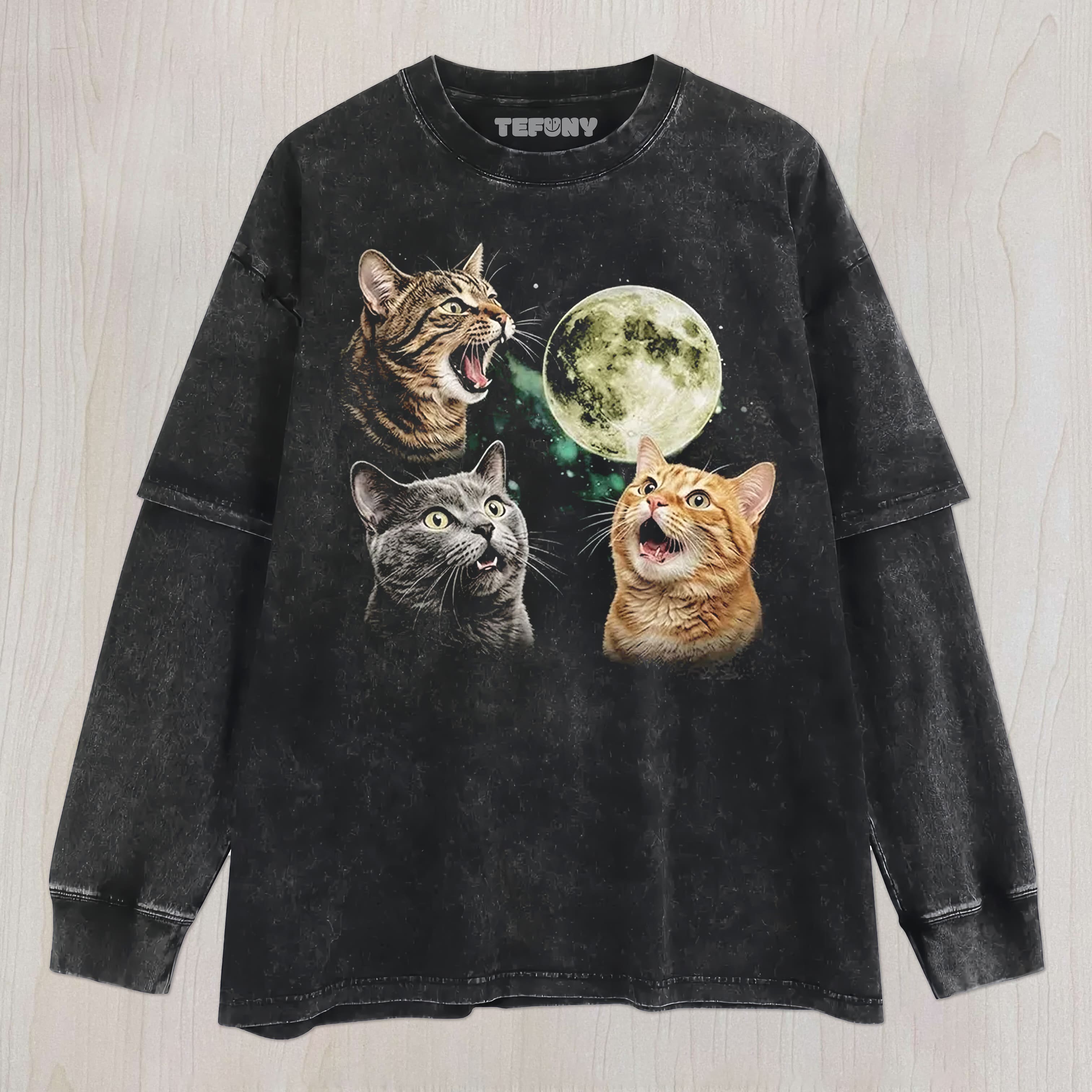 FUNNY CAT MOON UNISEX TEE, TANK TOP, LAYERED LS, SWEATSHIRT & HOODIE