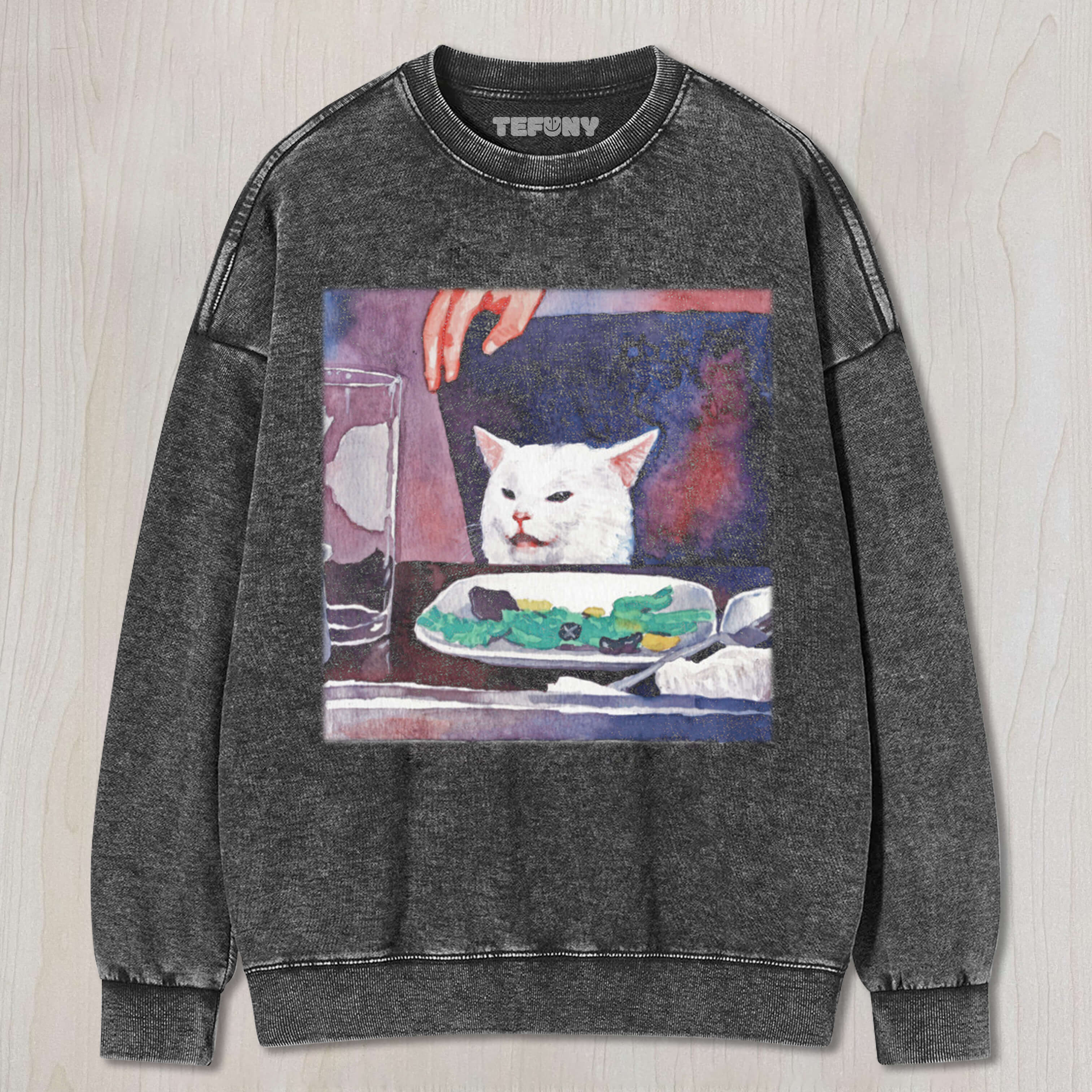 FUNNY CAT ON THE TABLE T-SHIRT