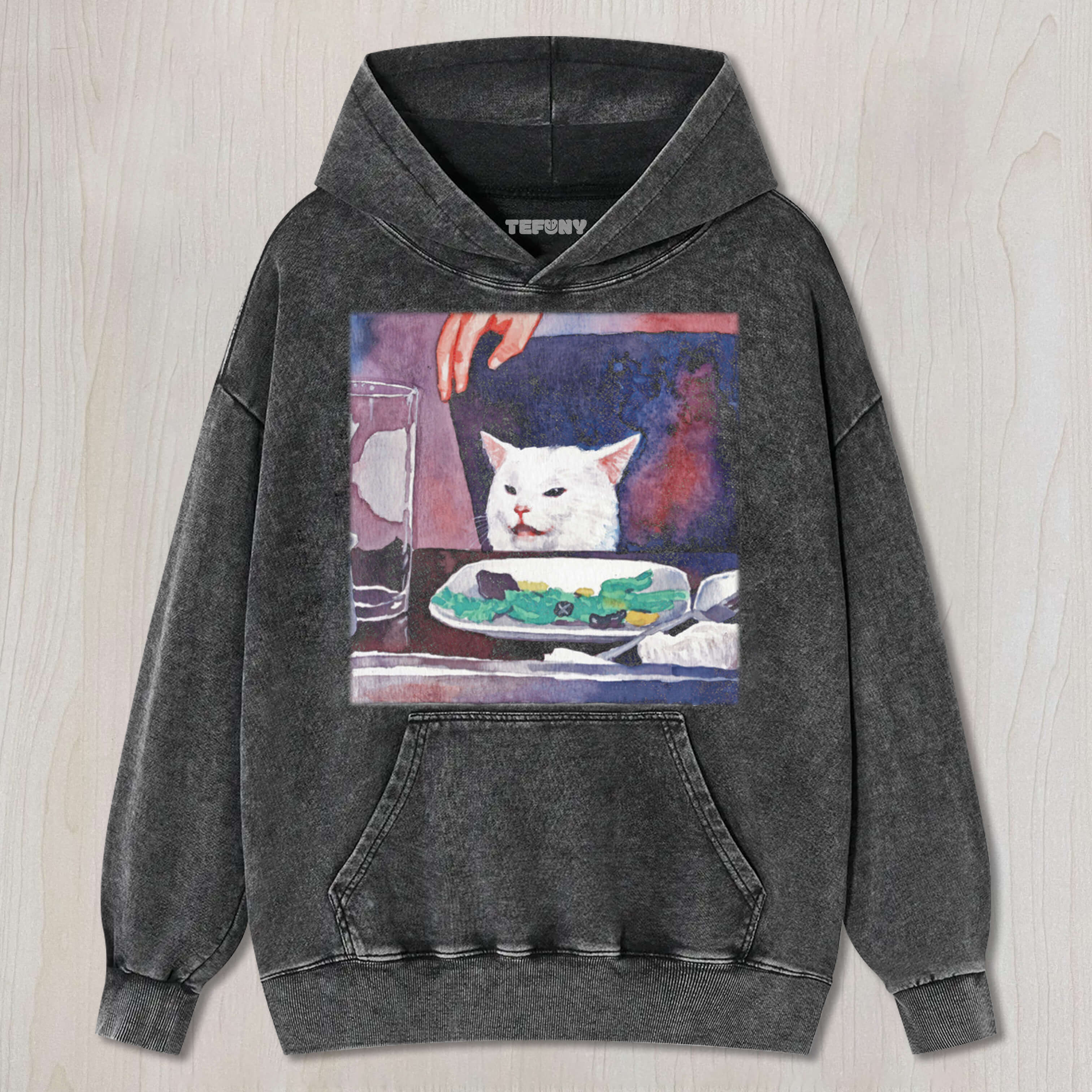 FUNNY CAT ON THE TABLE T-SHIRT