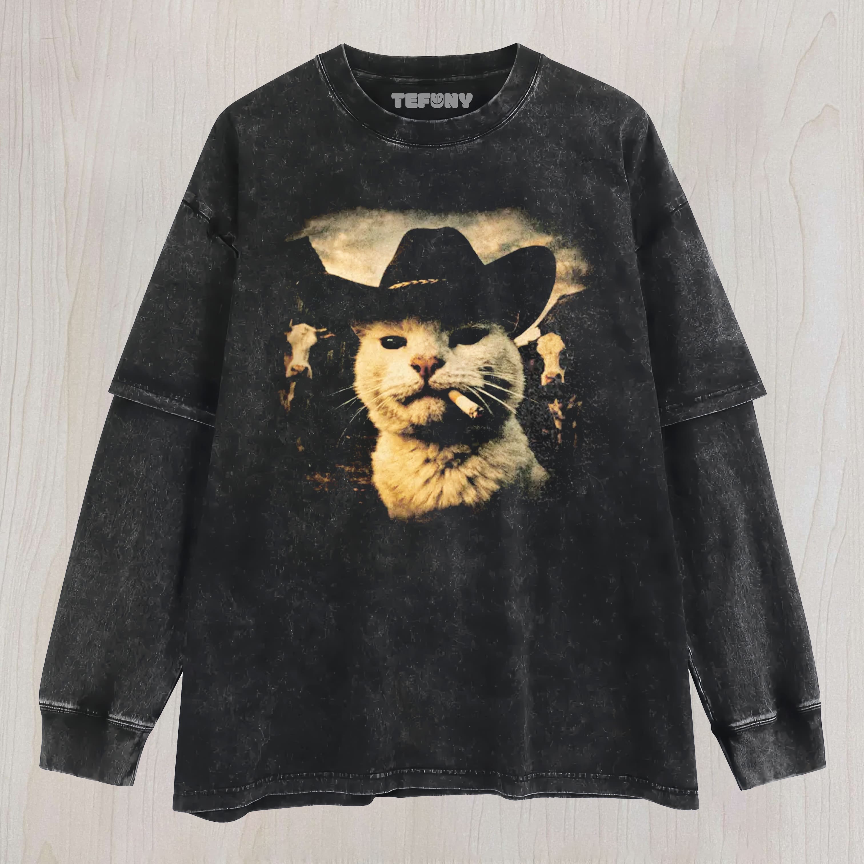 FUNNY COWBOY CAT LAYERED LONG SLEEVE
