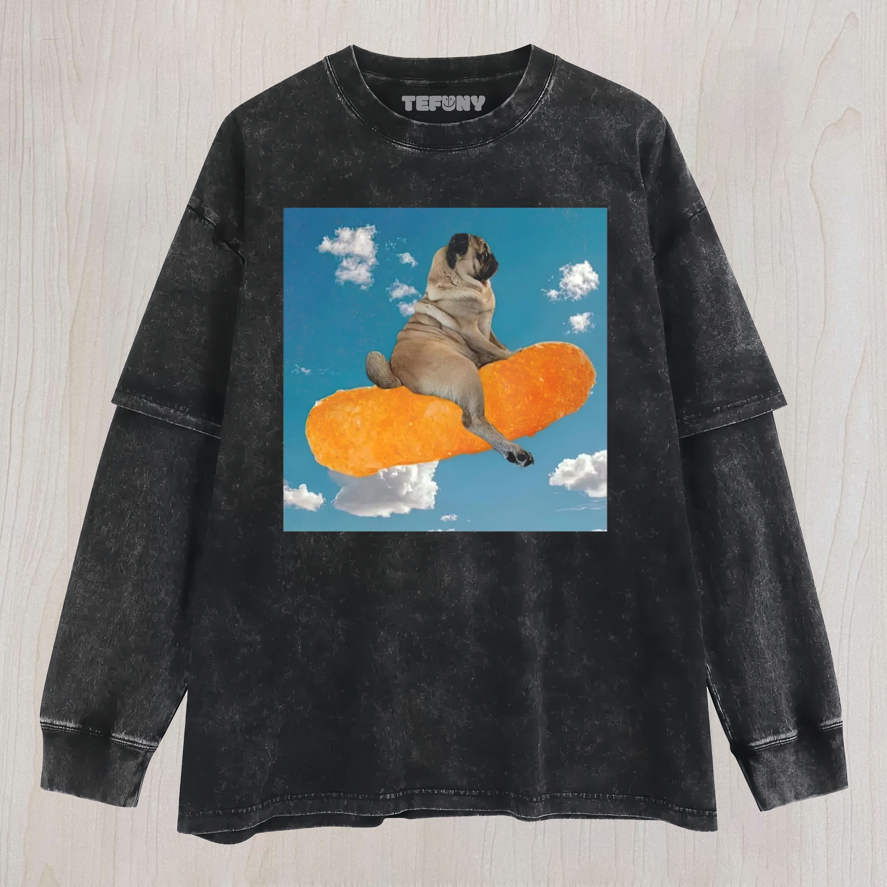 FUNNY PUG FLOATING SNACK WASHED LAYERED LONG SLEEVE
