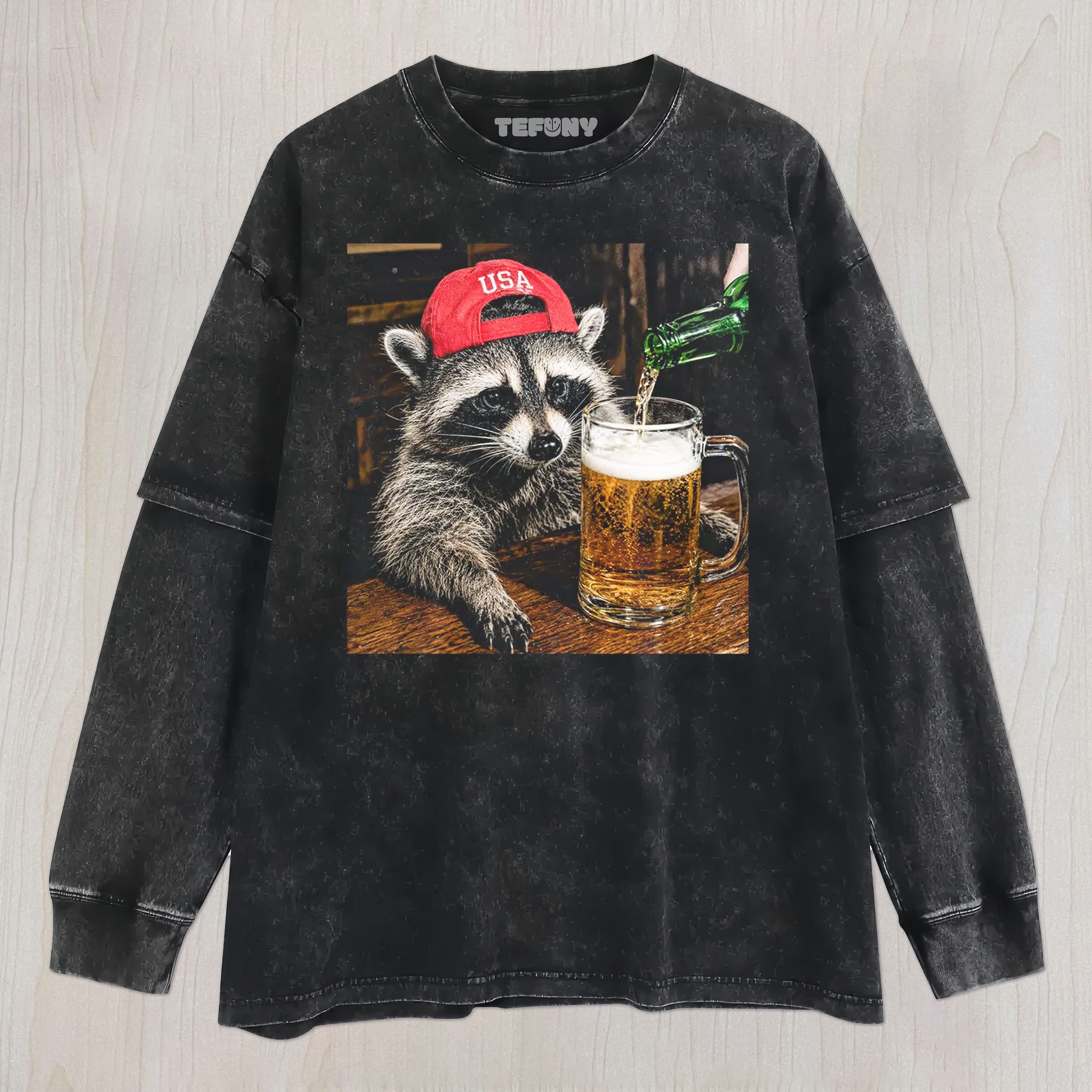 FUNNY RACCOON BEER UNISEX TEE, TANK TOP, LAYERED LS, SWEATSHIRT & HOODIE