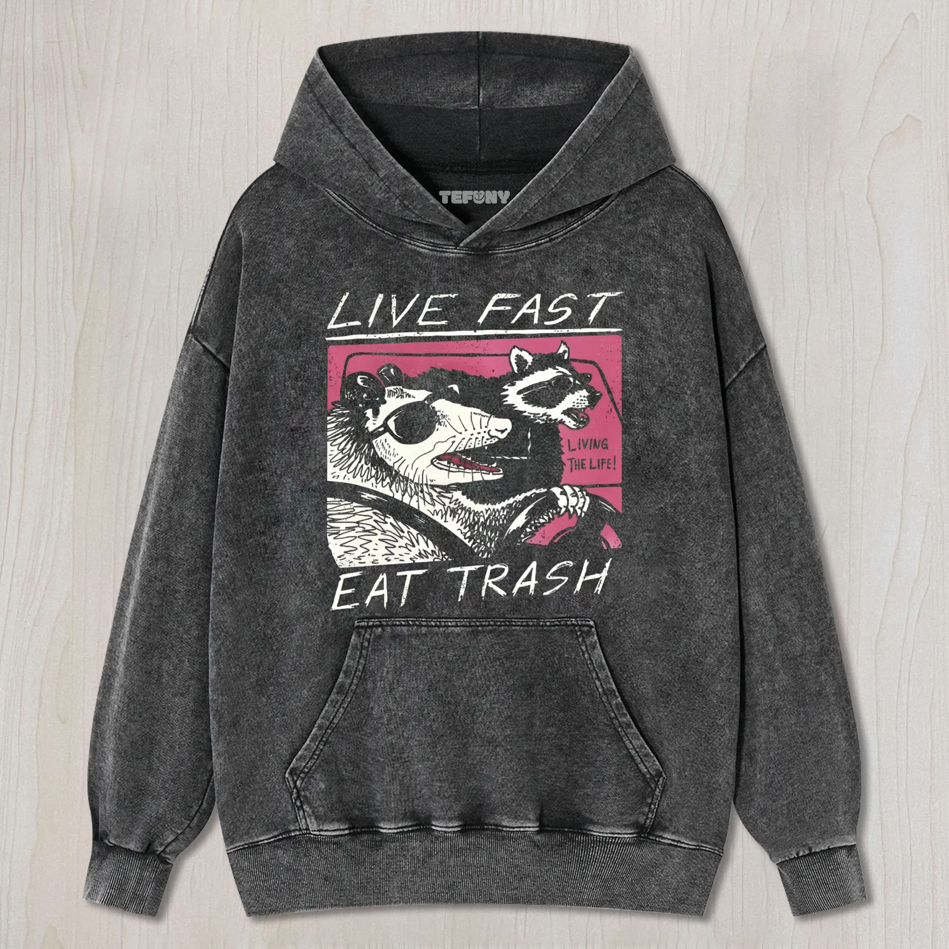 FUNNY RACCOON & POSSUM CAR GRAPHIC WASHED TEE & SWEAT & HOOD