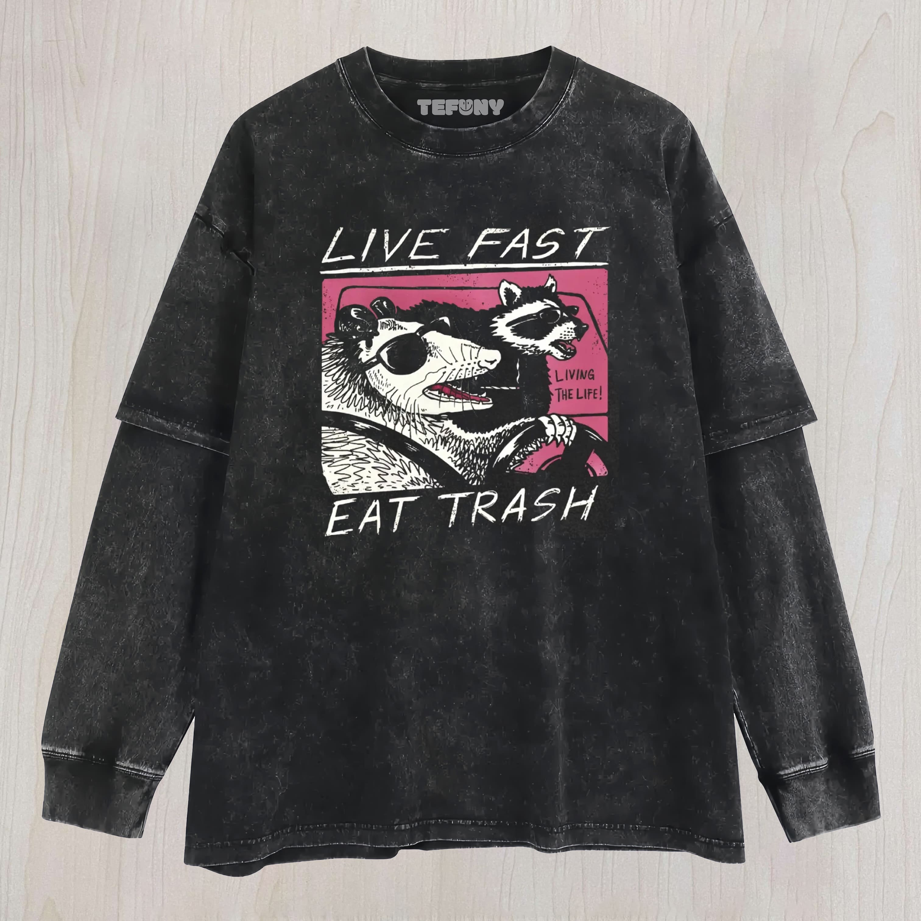 FUNNY RACCOON & POSSUM CAR GRAPHIC WASHED LAYERED LONG SLEEVE