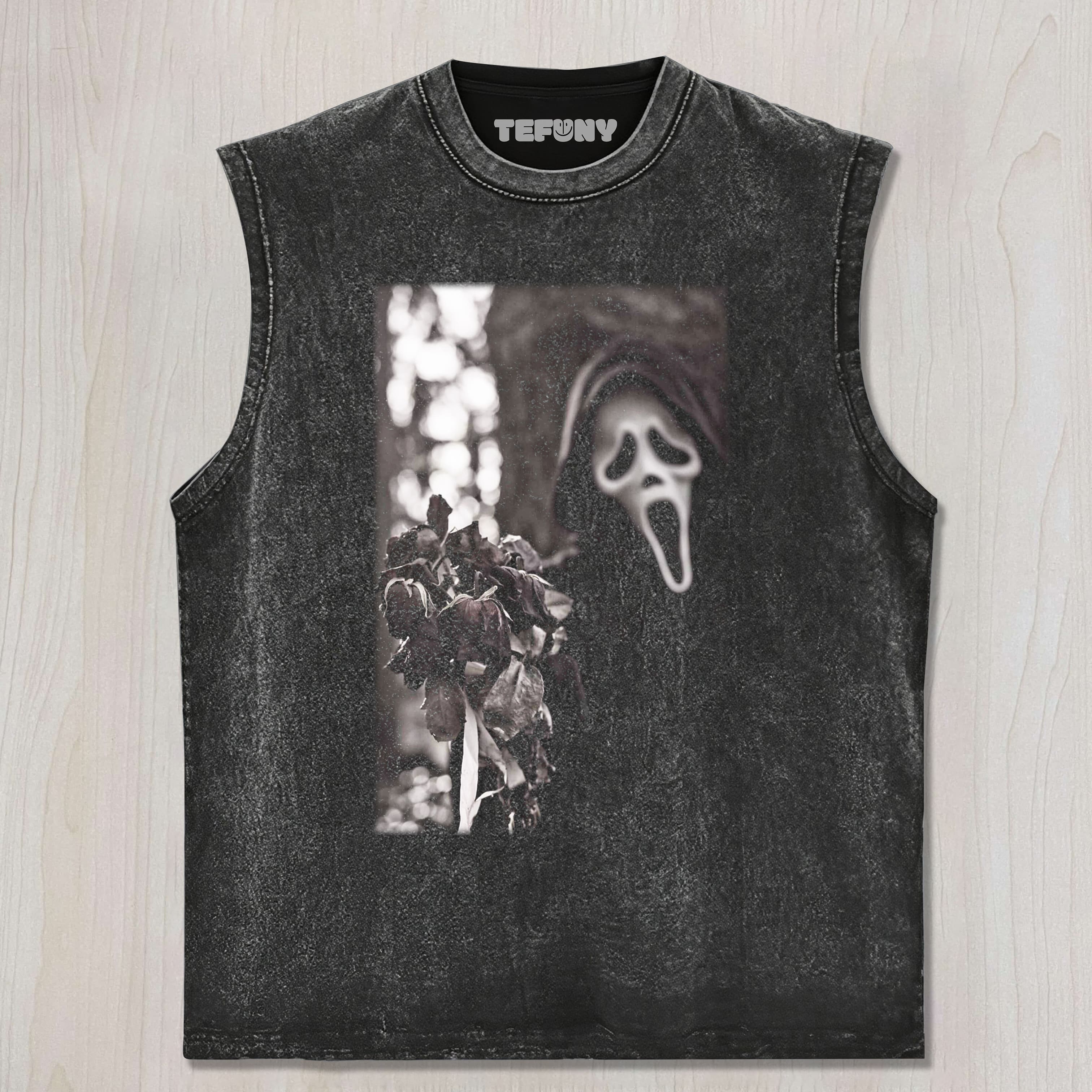 GHOST FACE HOLDING ROSES UNISEX TEE, TANK TOP, LAYERED LS, SWEATSHIRT & HOODIE