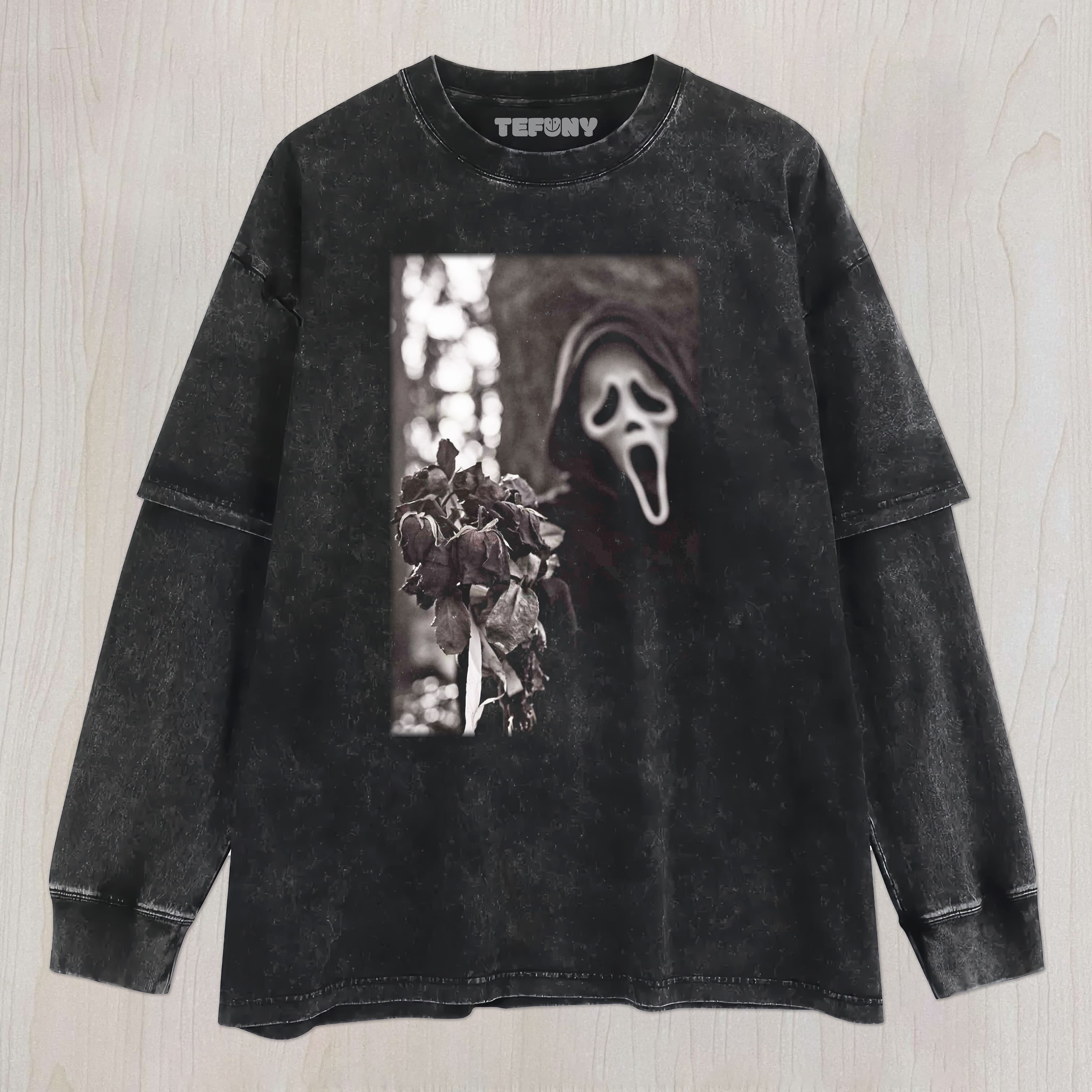 GHOST FACE HOLDING ROSES UNISEX TEE, TANK TOP, LAYERED LS, SWEATSHIRT & HOODIE