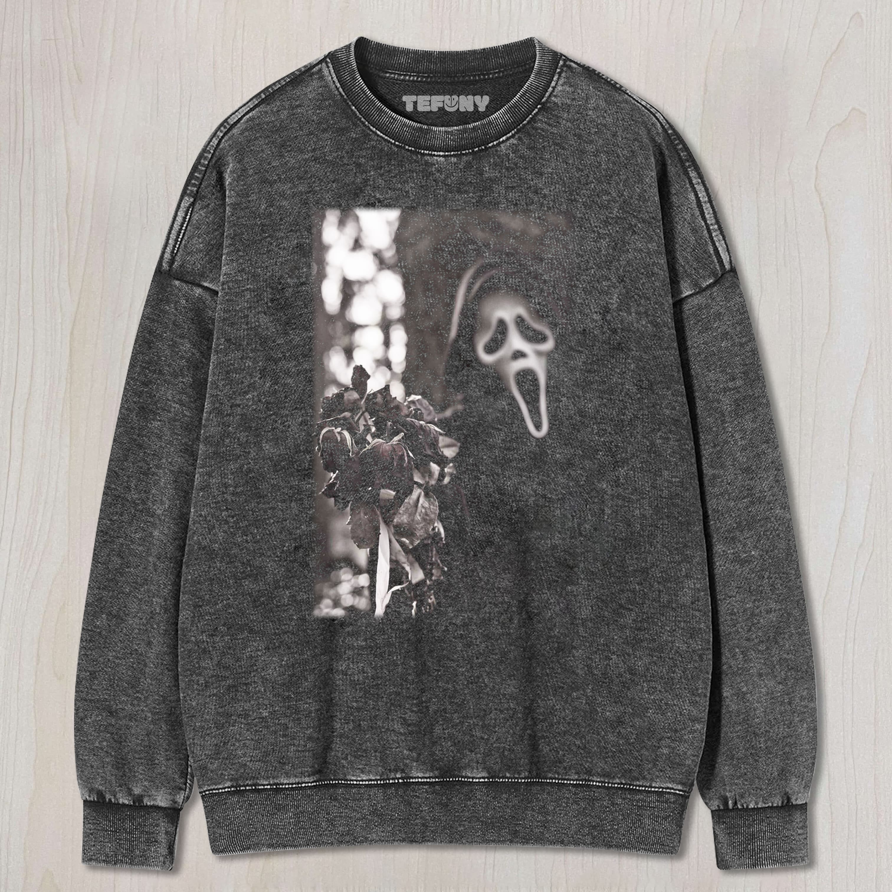 GHOST FACE HOLDING ROSES UNISEX TEE, TANK TOP, LAYERED LS, SWEATSHIRT & HOODIE