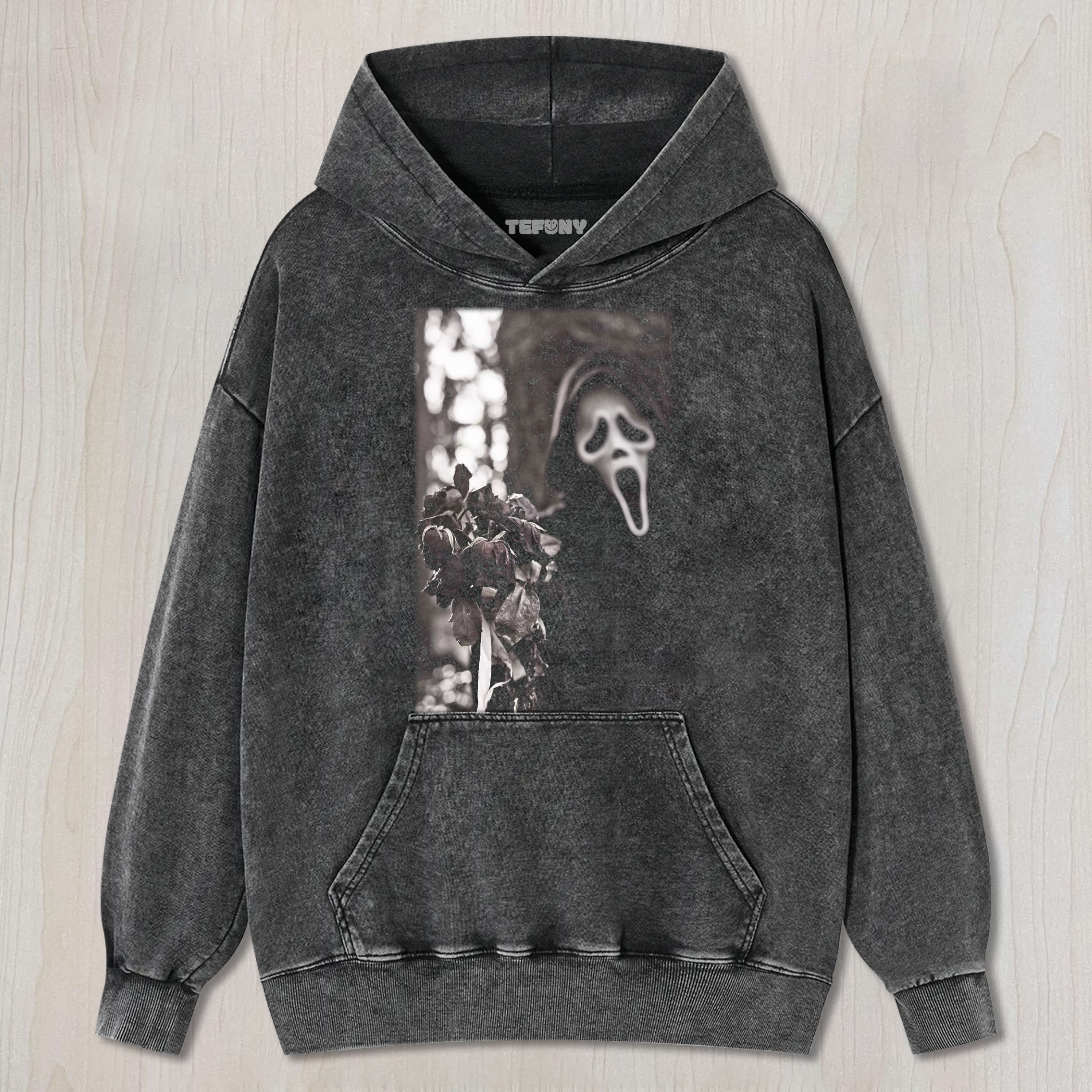 GHOST FACE HOLDING ROSES UNISEX TEE, TANK TOP, LAYERED LS, SWEATSHIRT & HOODIE