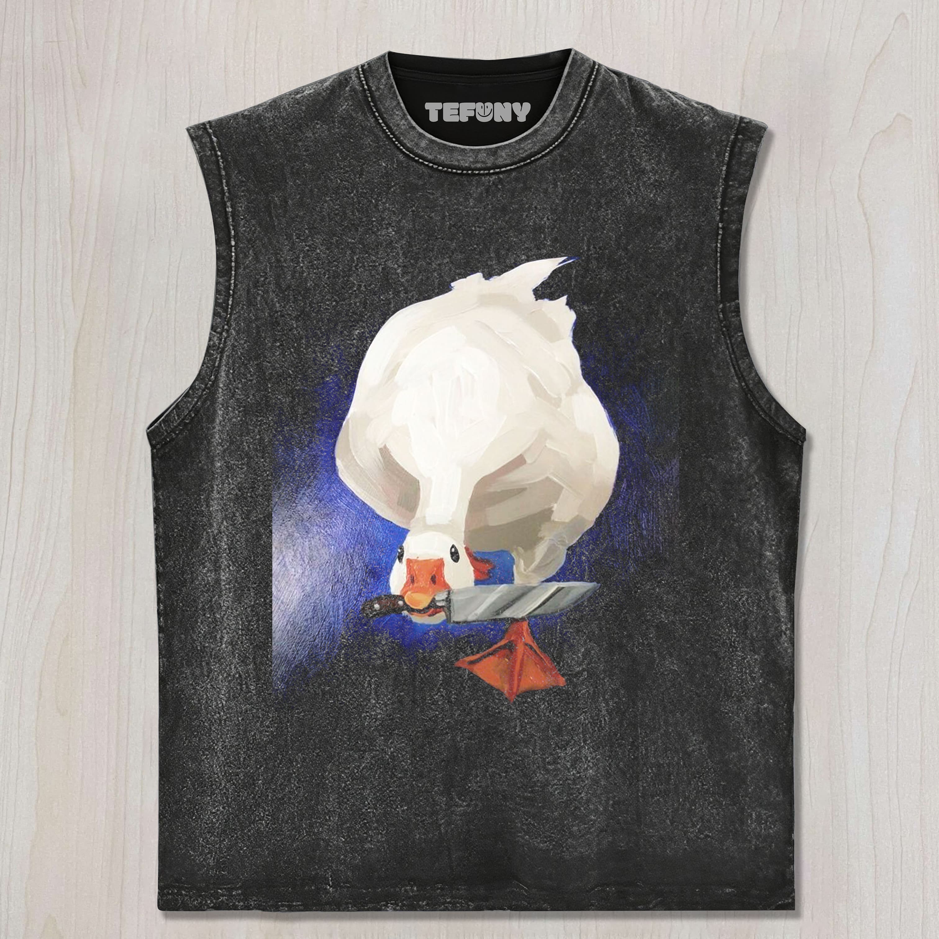 GOOSE HOLDING A KNIFE UNISEX TEE, TANK TOP, LAYERED LS, SWEATSHIRT & HOODIE