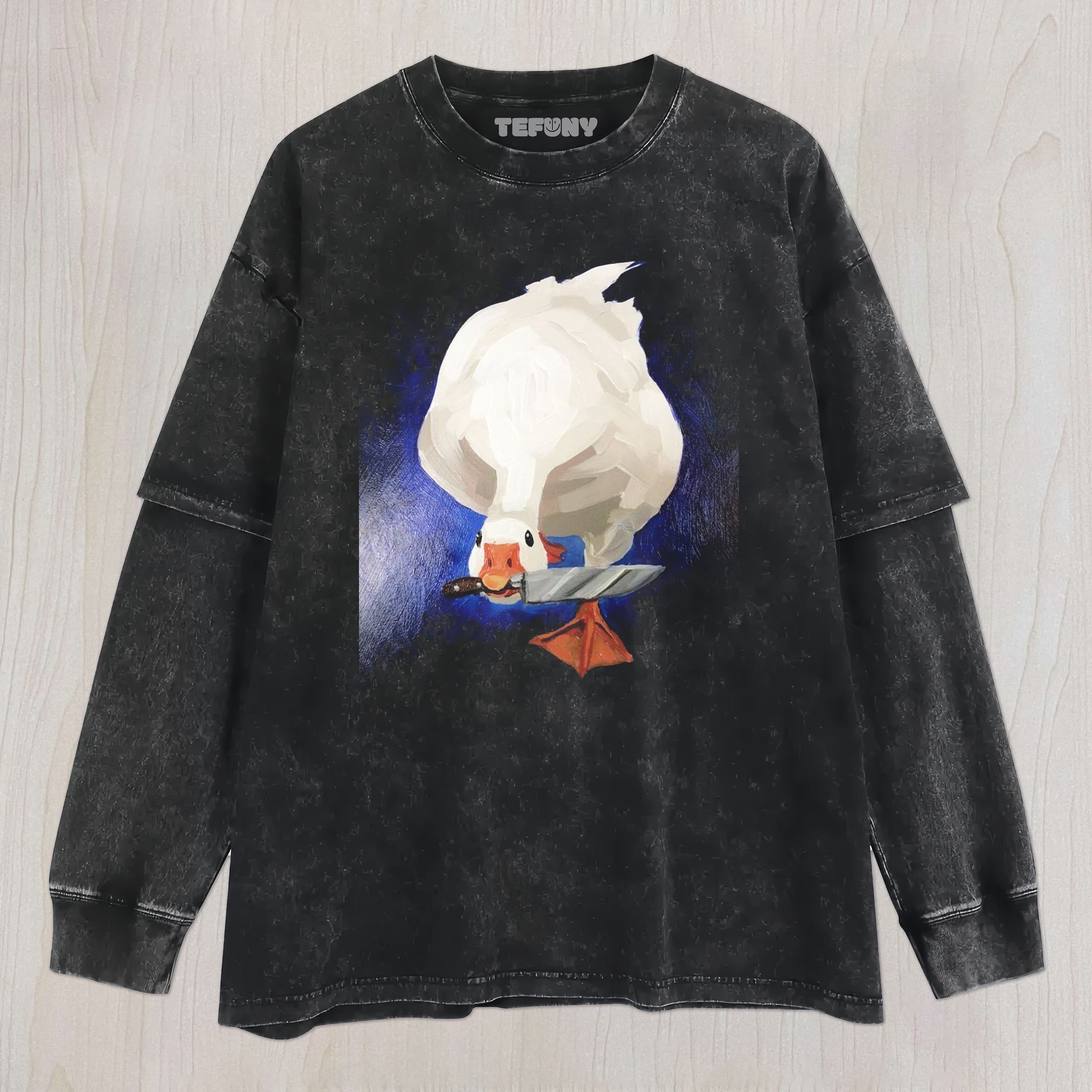 GOOSE HOLDING A KNIFE UNISEX TEE, TANK TOP, LAYERED LS, SWEATSHIRT & HOODIE