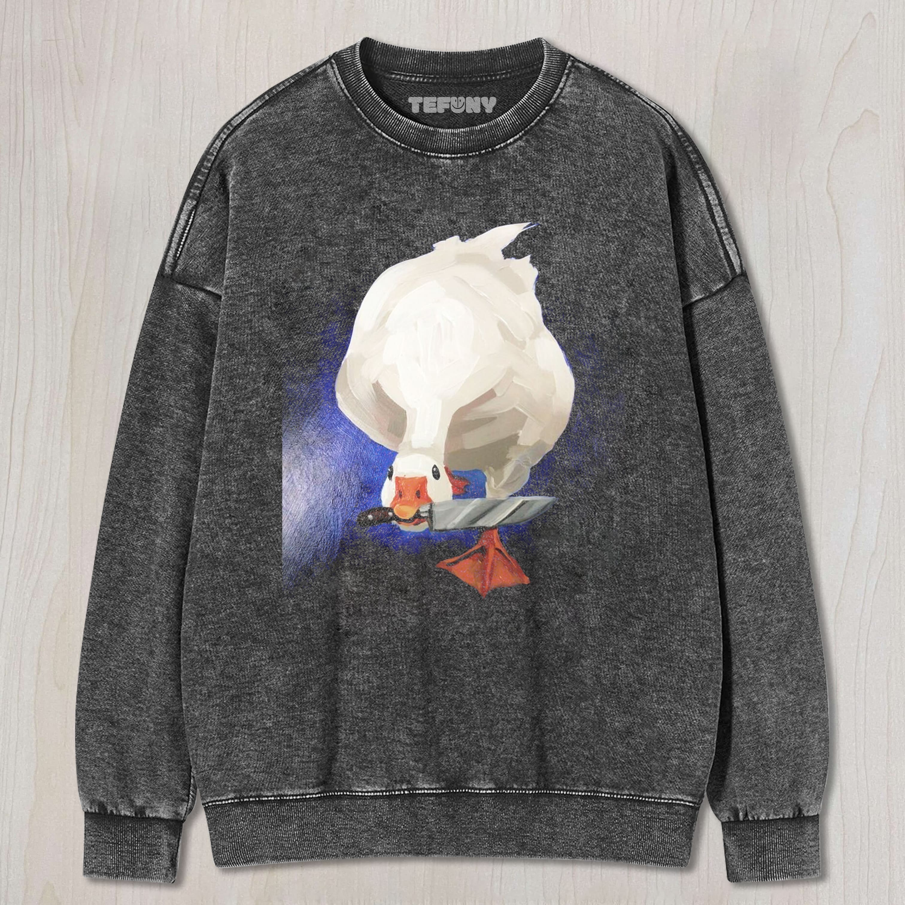 GOOSE HOLDING A KNIFE UNISEX TEE, TANK TOP, LAYERED LS, SWEATSHIRT & HOODIE