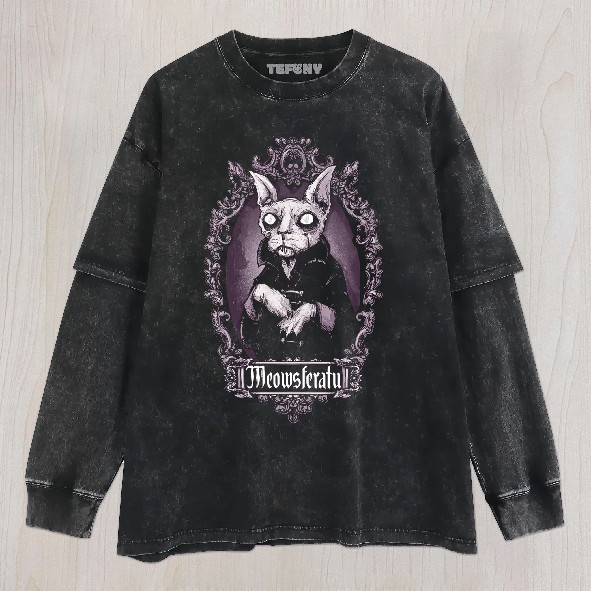 GOTHIC VAMPIRE CAT ORNATE VINTAGE FRAME GRAPHIC UNISEX TEE, TANK TOP, LAYERED LS, SWEATSHIRT & HOODIE