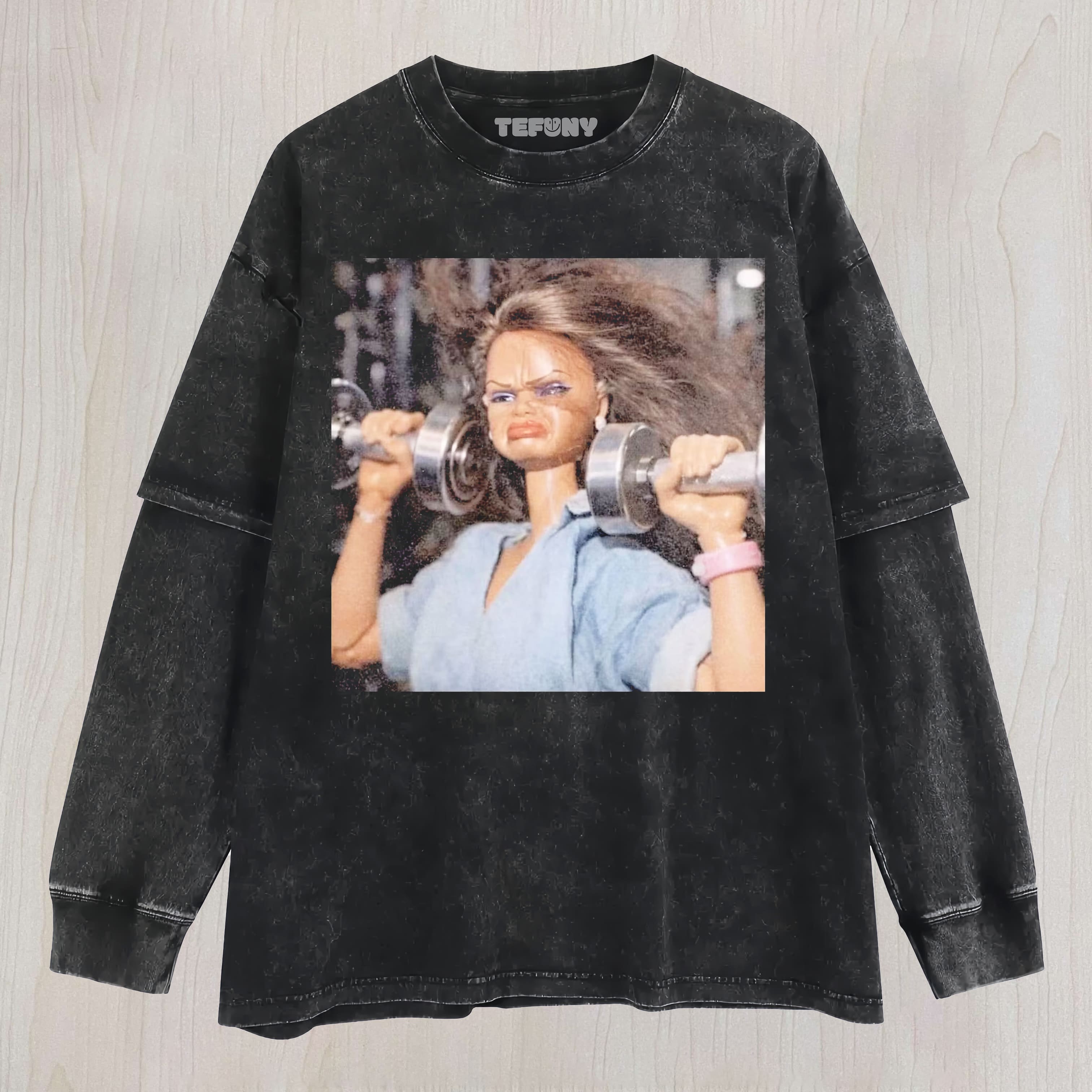 GYM DOLL GIRL FACE MEME V2 UNISEX TEE, TANK TOP, LAYERED LS, SWEATSHIRT & HOODIE