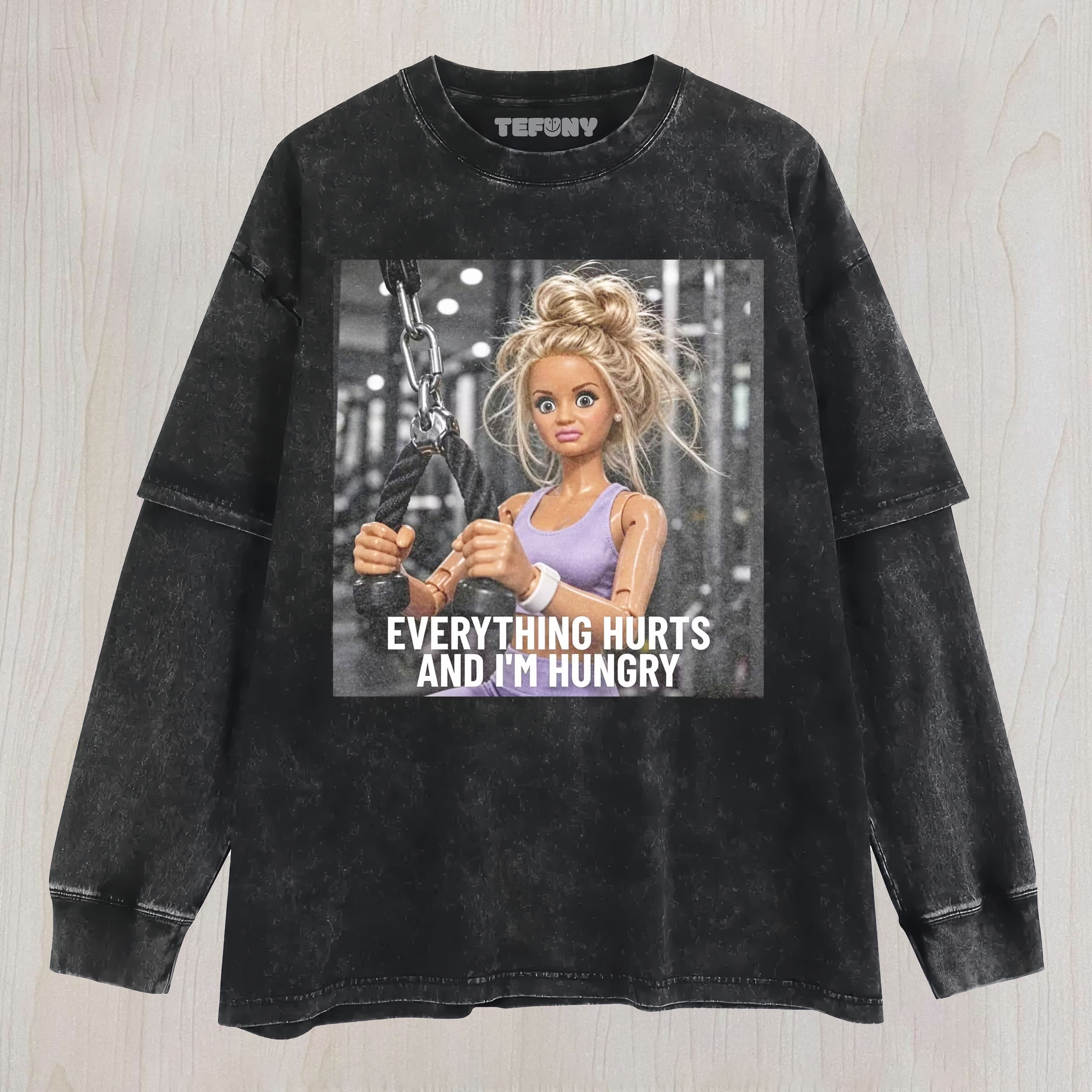 GYM DOLL GIRL FUNNY FACE MEME V14 UNISEX TEE, TANK TOP, LAYERED LS, SWEATSHIRT & HOODIE