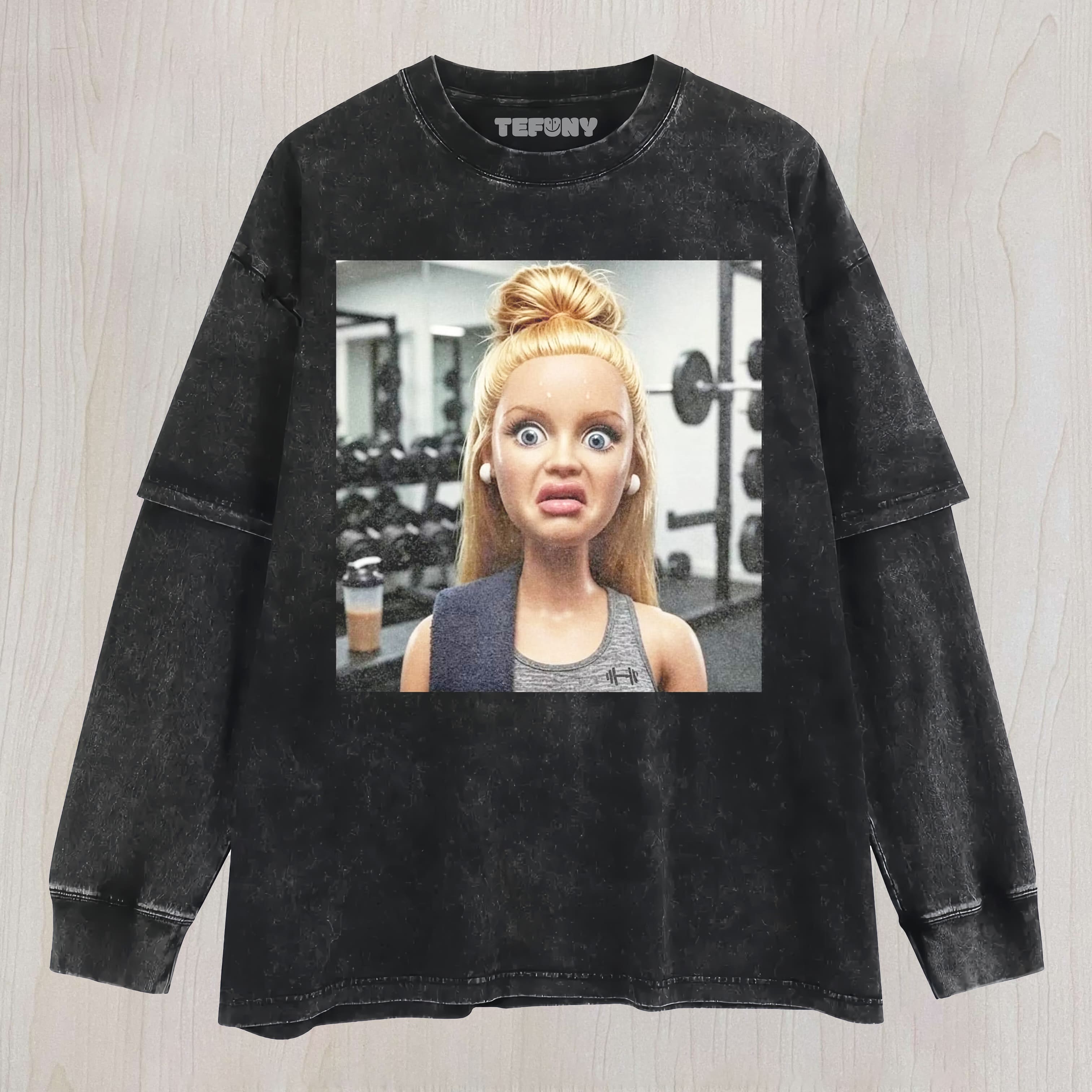 GYM DOLL GIRL FUNNY FACE MEME V9 UNISEX TEE, TANK TOP, LAYERED LS, SWEATSHIRT & HOODIE