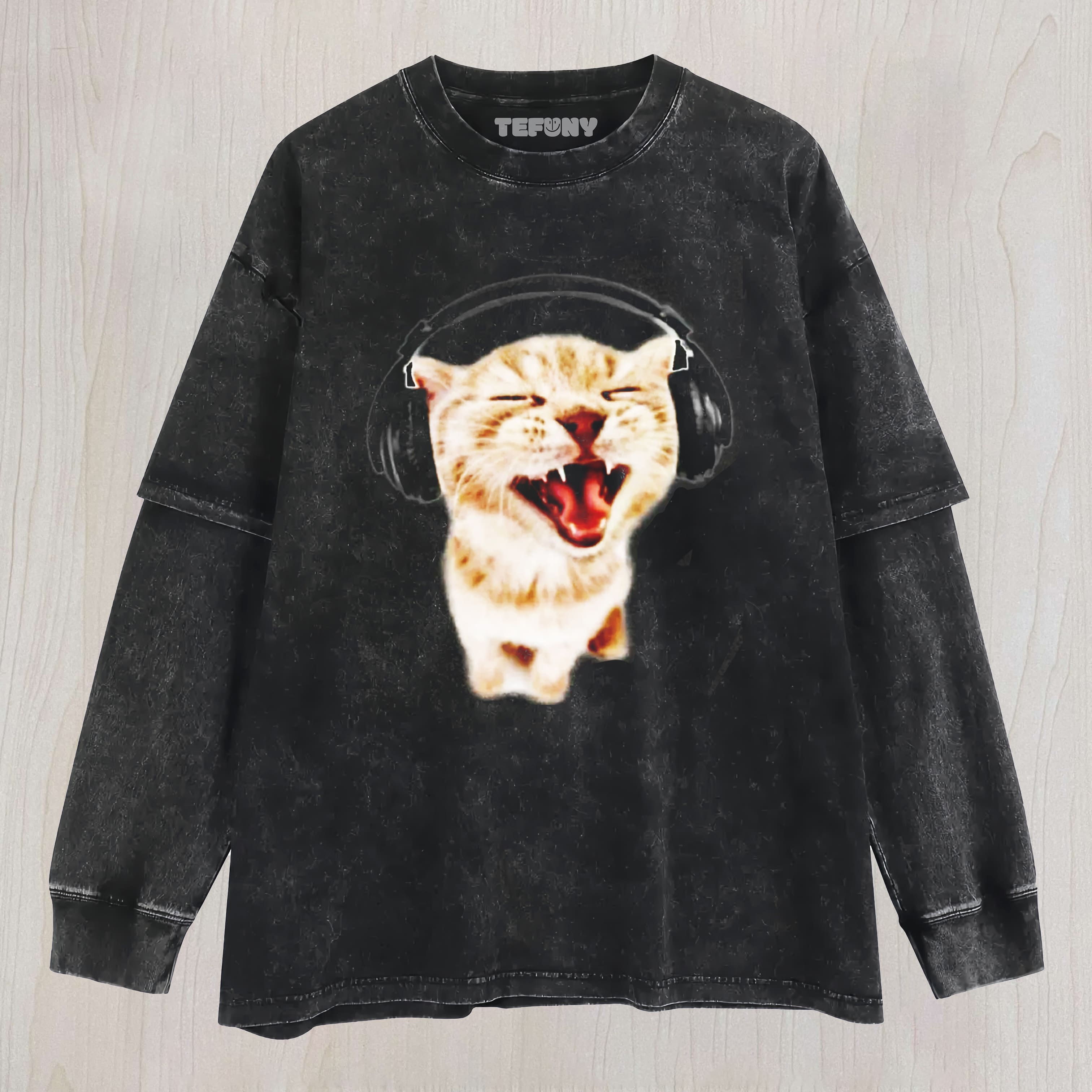 HEADBANGER KITTEN MUSIC CAT VINTAGE WASHED LAYERED LONG SLEEVE