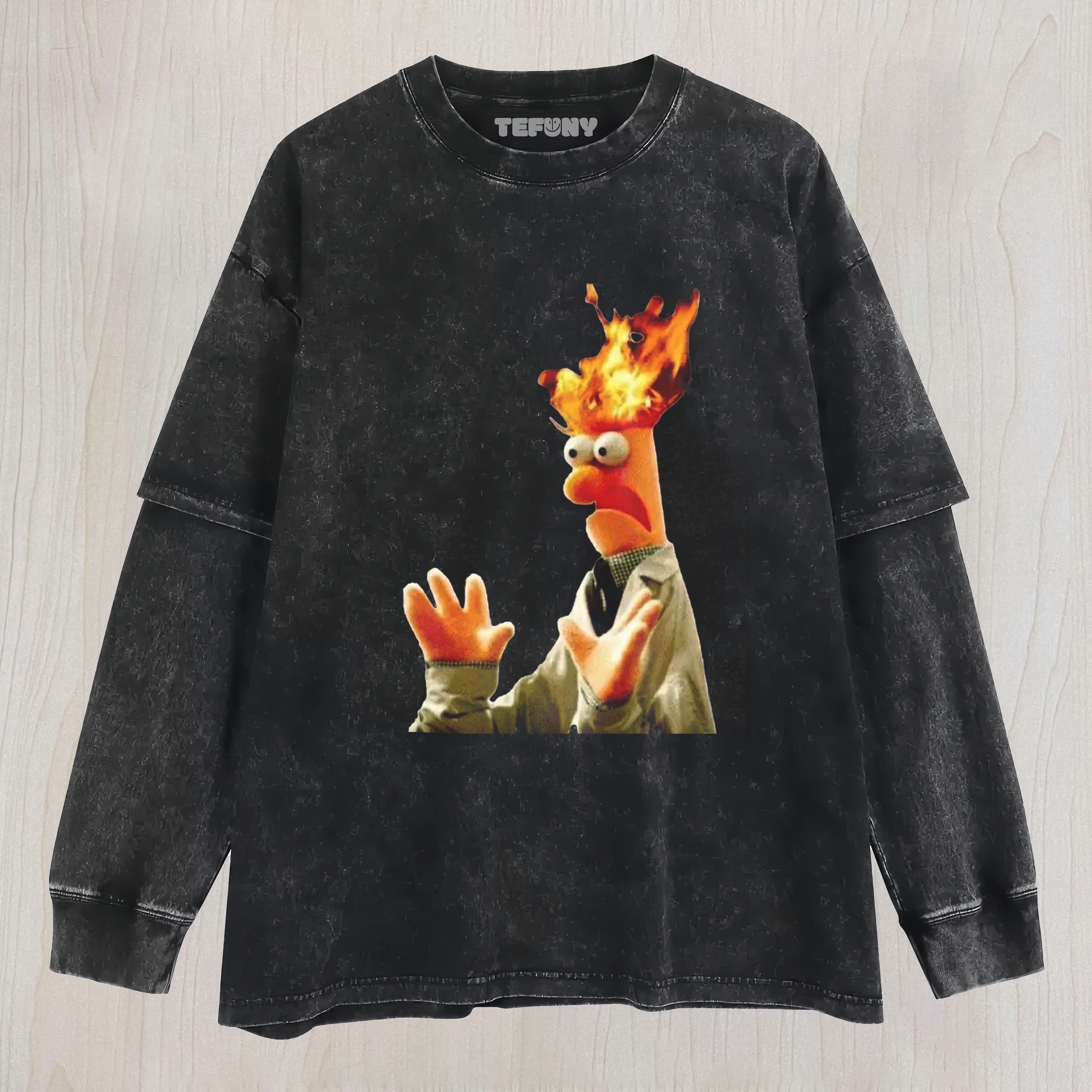 HEAD ON FIRE BEAKER MEME VINTAGE WASHED LAYERED LONG SLEEVE