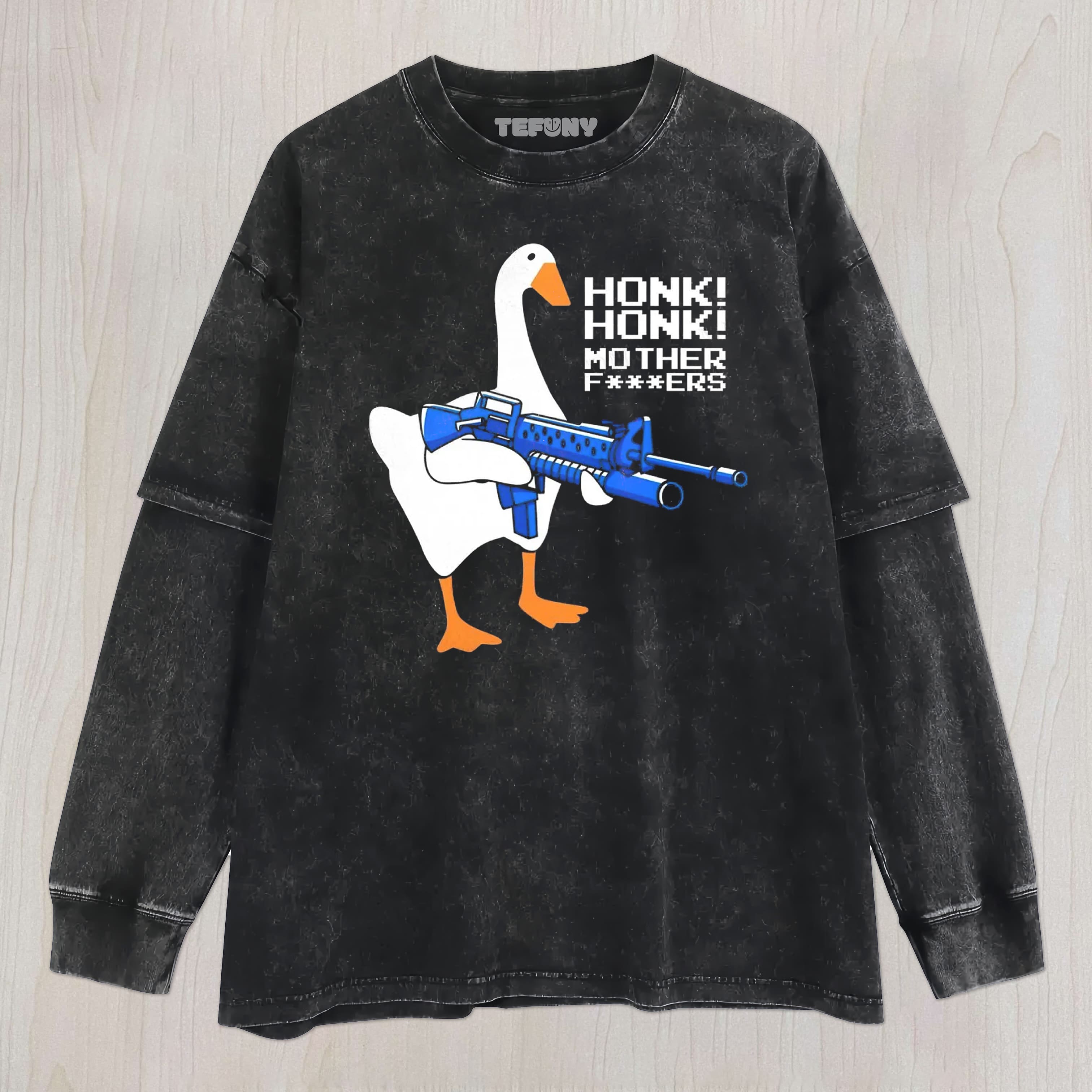 HONK GOOSE WITH GUN UNISEX TEE, TANK TOP, LAYERED LS, SWEATSHIRT & HOODIE