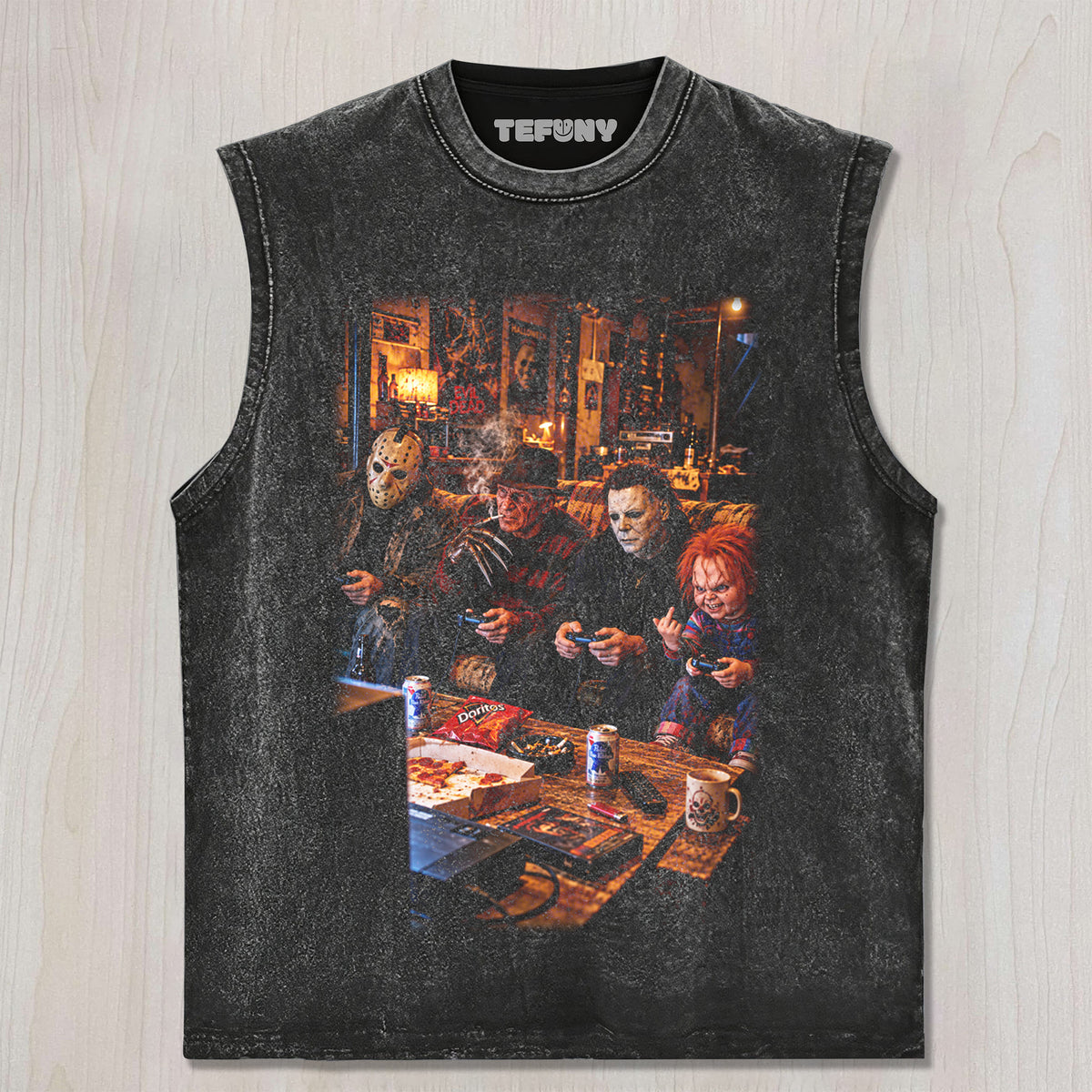 HORROR CHARACTERS PLAYING GAMES UNISEX TEE, TANK TOP, LAYERED LS, SWEATSHIRT & HOODIE