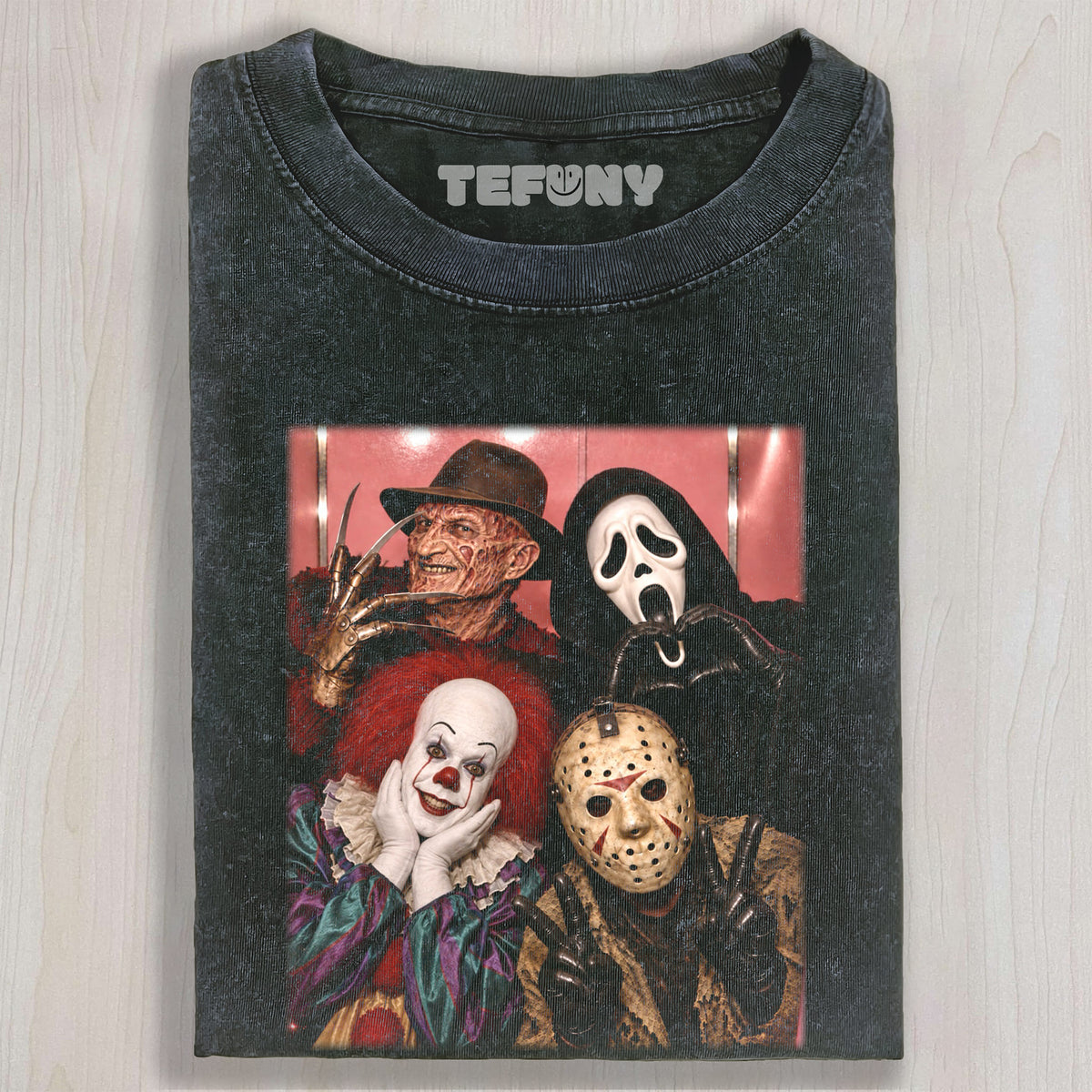 HORROR MOVIE CHARACTERS GROUP PHOTO V5 UNISEX TEE, TANK TOP, LAYERED LS, SWEATSHIRT & HOODIE
