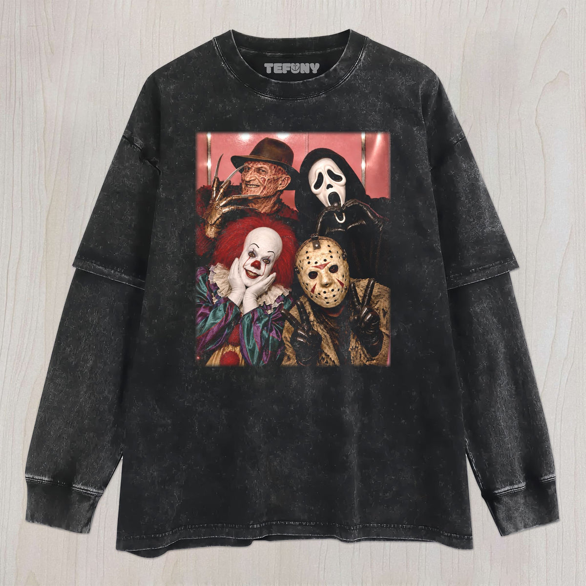 HORROR MOVIE CHARACTERS GROUP PHOTO V5 UNISEX TEE, TANK TOP, LAYERED LS, SWEATSHIRT & HOODIE