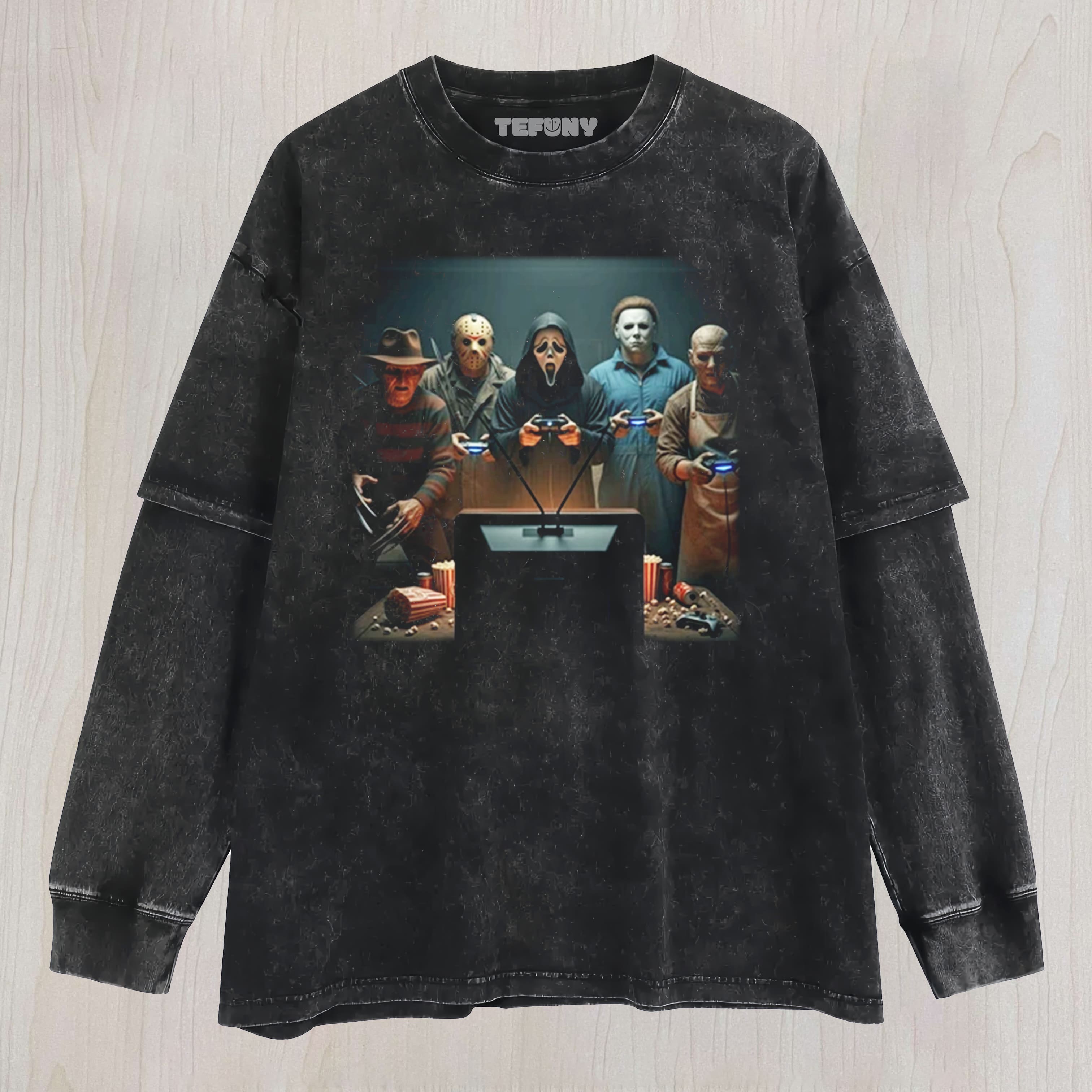 HORROR ANTAGONISTS PLAYING VIDEO GAMES LAYERED LONG SLEEVE