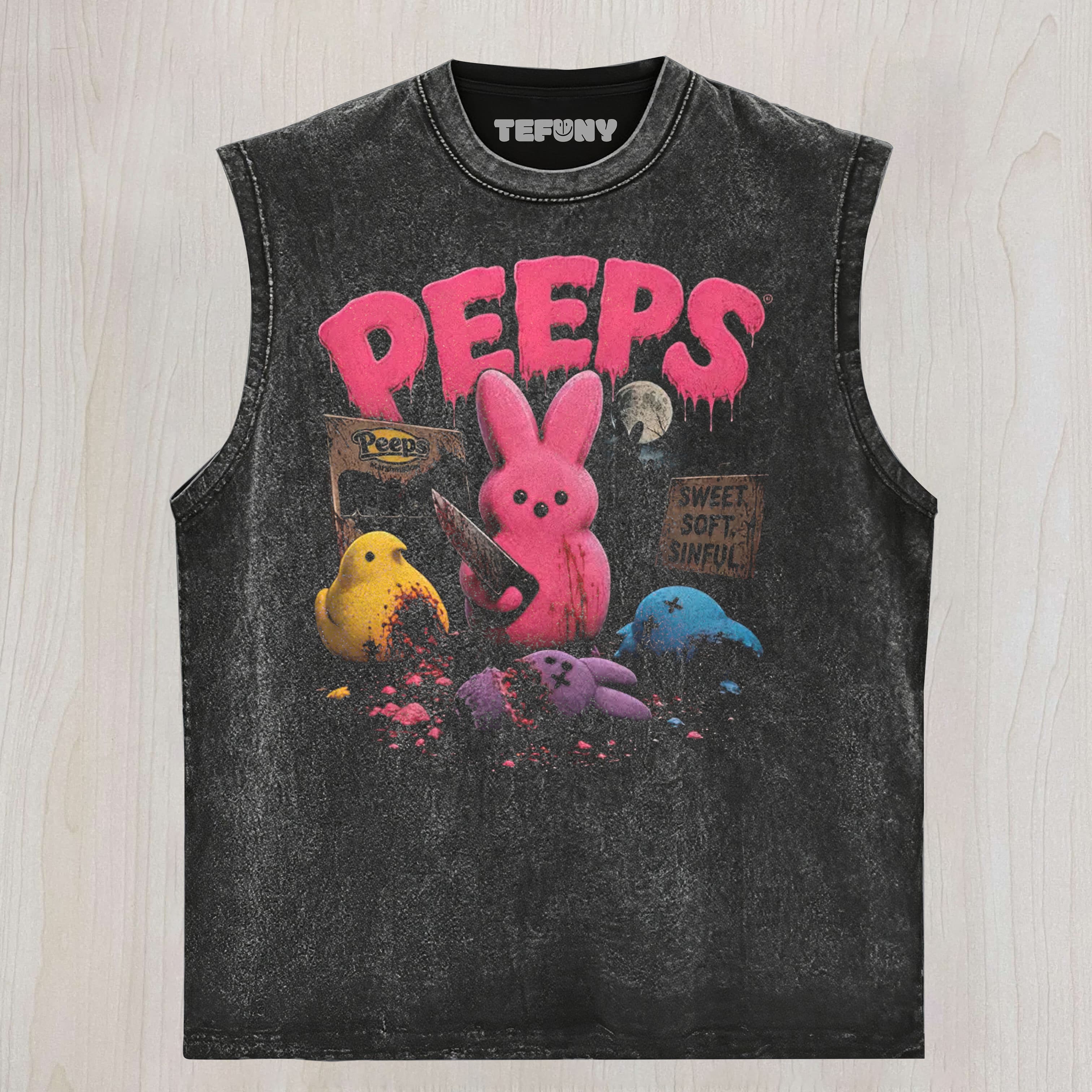 HORROR BUNNY CANDY GRAPHIC VINTAGE WASHED UNISEX TEE, TANK TOP, LAYERED LS, SWEATSHIRT & HOODIE