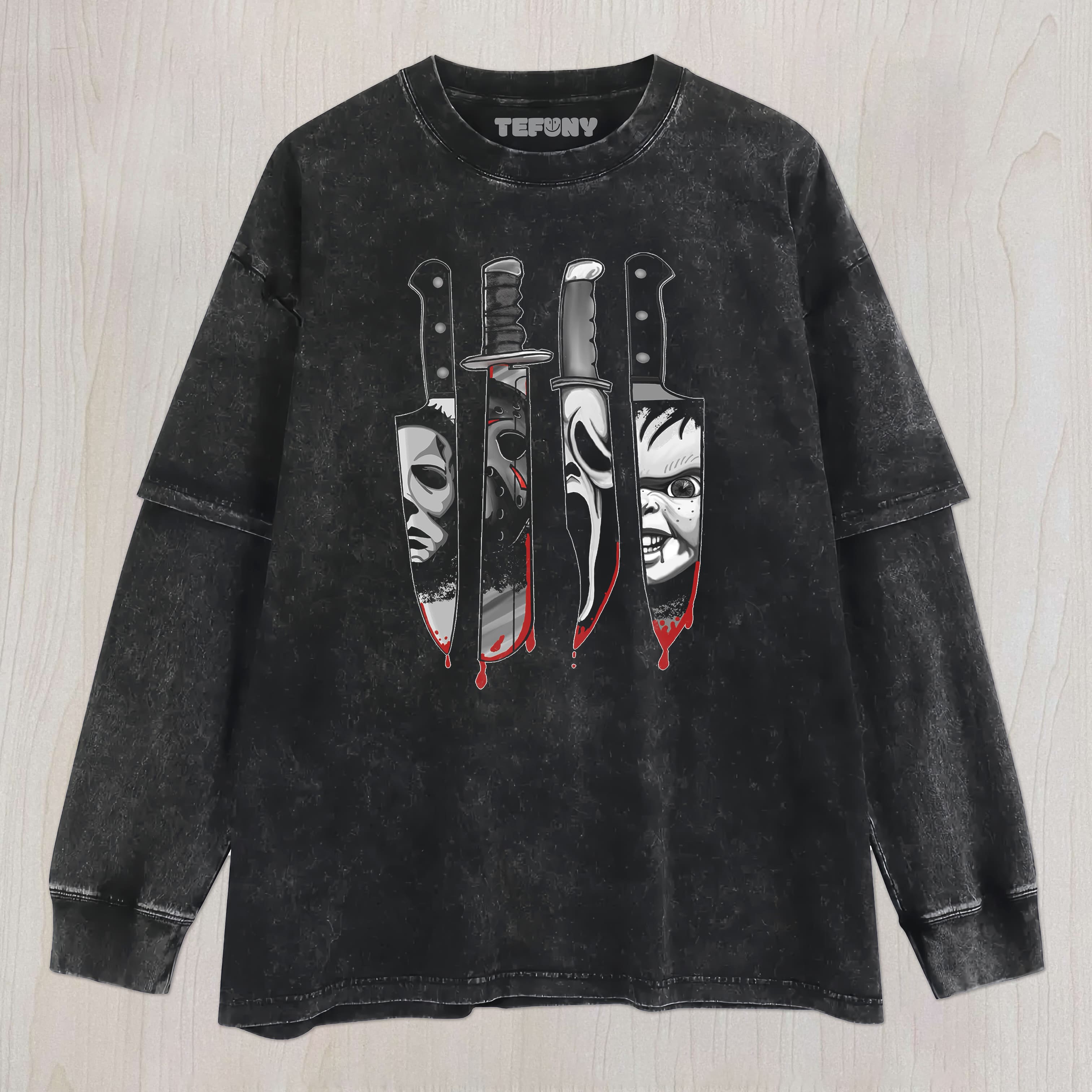 HORROR CHARACTER KNIFE UNISEX TEE, TANK TOP, LAYERED LS, SWEATSHIRT & HOODIE