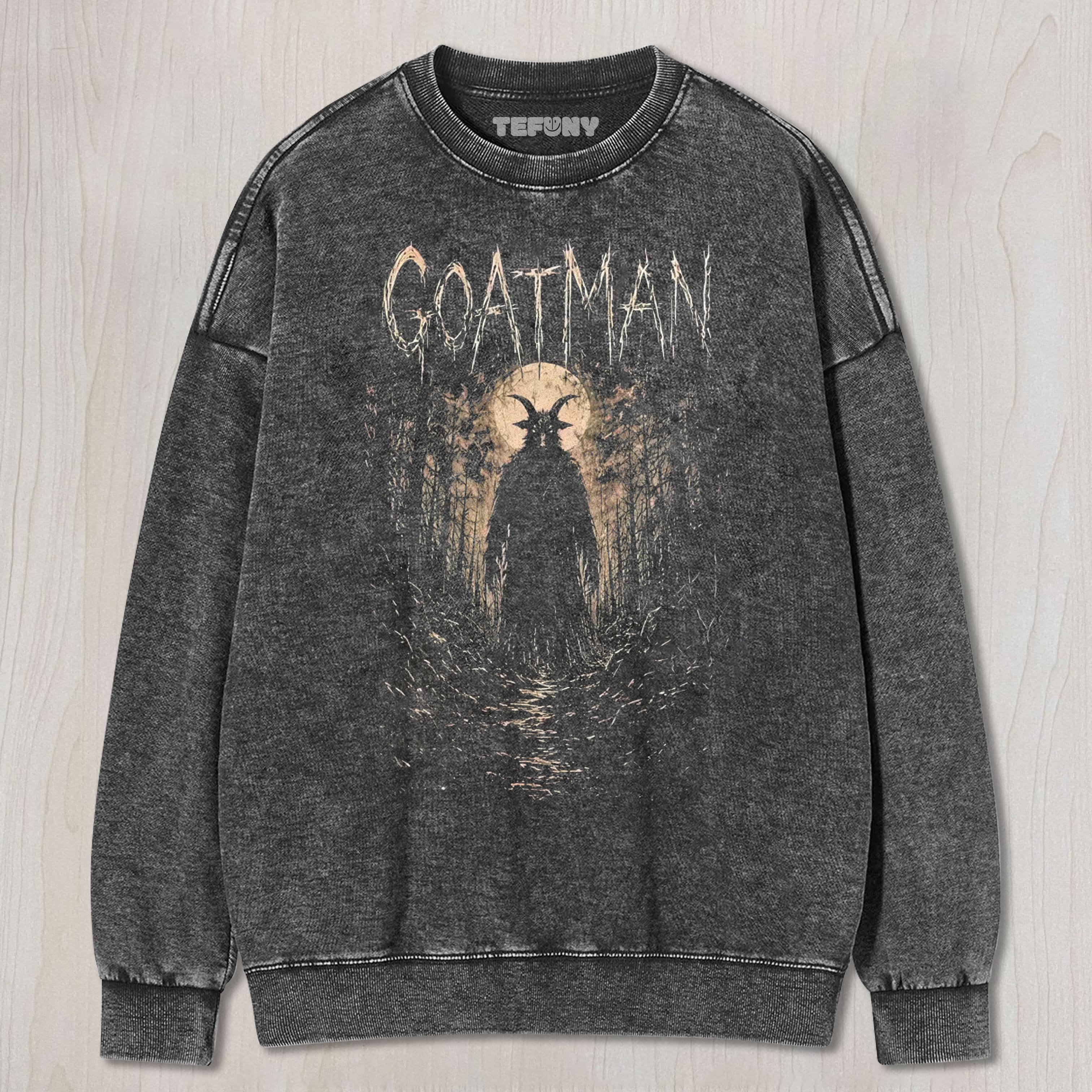 HORROR GOATMAN FOREST GRAPHIC VINTAGE WASHED UNISEX TEE, TANK TOP, LAYERED LS, SWEATSHIRT & HOODIE