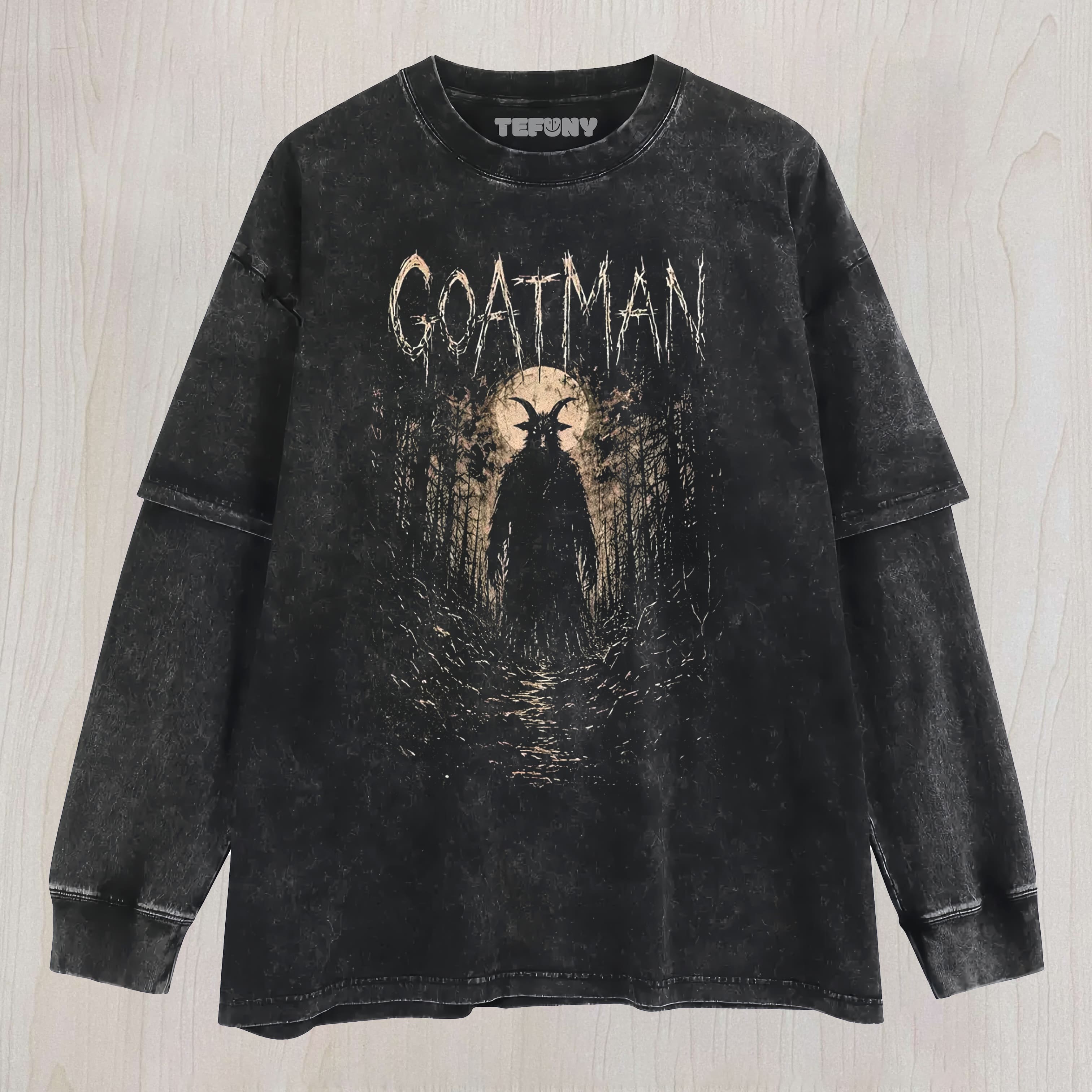 HORROR GOATMAN FOREST GRAPHIC VINTAGE WASHED UNISEX TEE, TANK TOP, LAYERED LS, SWEATSHIRT & HOODIE