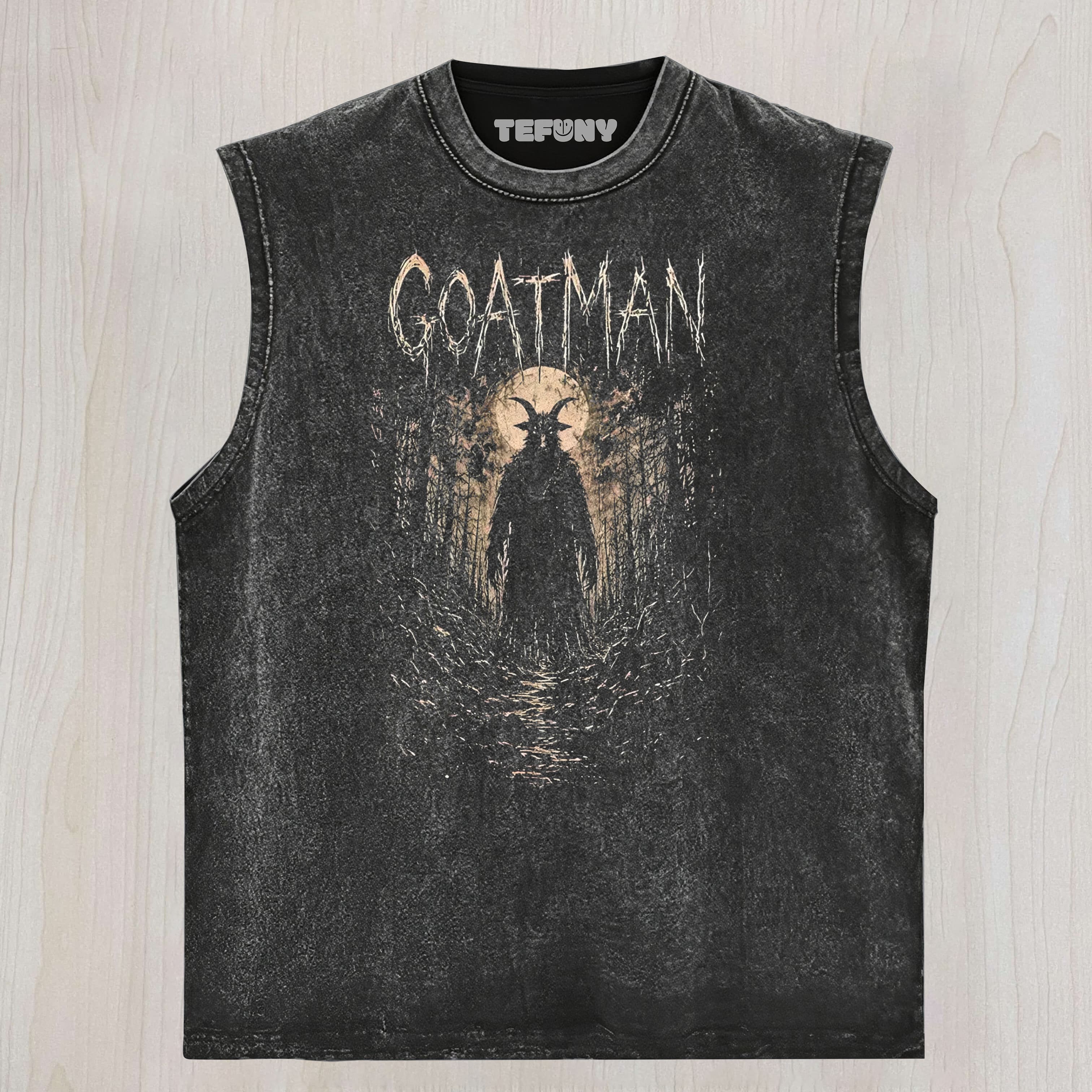 HORROR GOATMAN FOREST GRAPHIC VINTAGE WASHED UNISEX TEE, TANK TOP, LAYERED LS, SWEATSHIRT & HOODIE