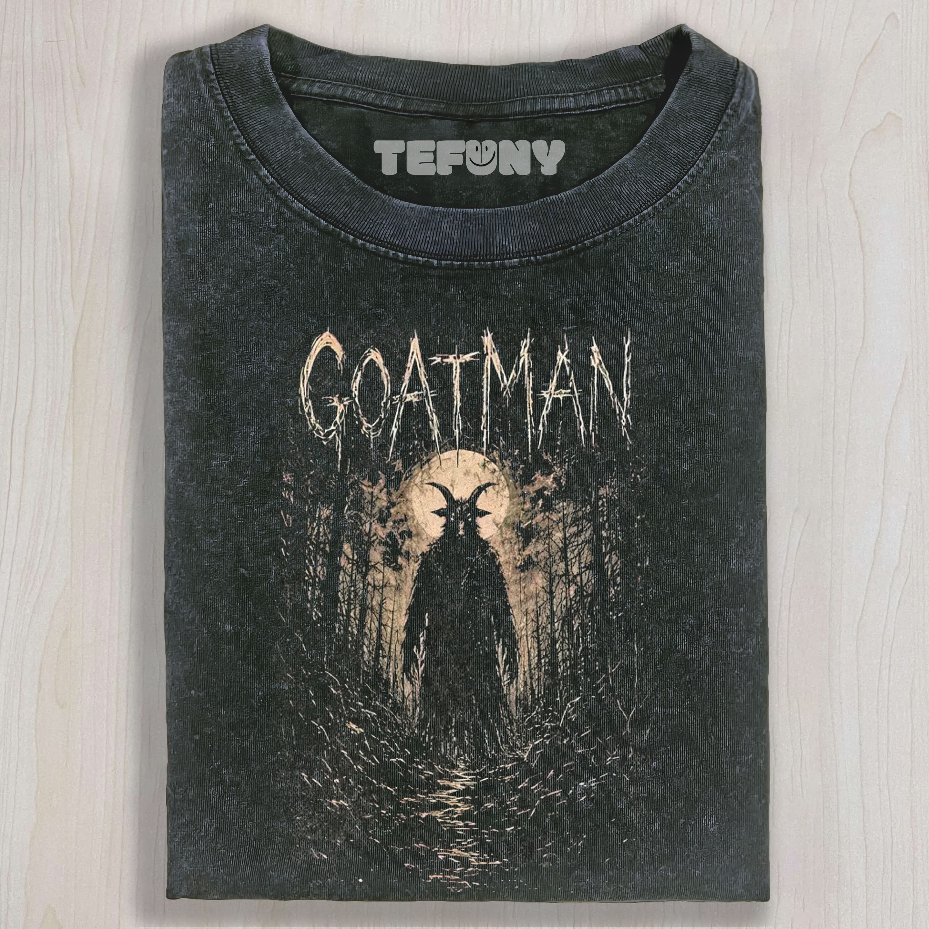 HORROR GOATMAN FOREST GRAPHIC VINTAGE WASHED UNISEX TEE, TANK TOP, LAYERED LS, SWEATSHIRT & HOODIE