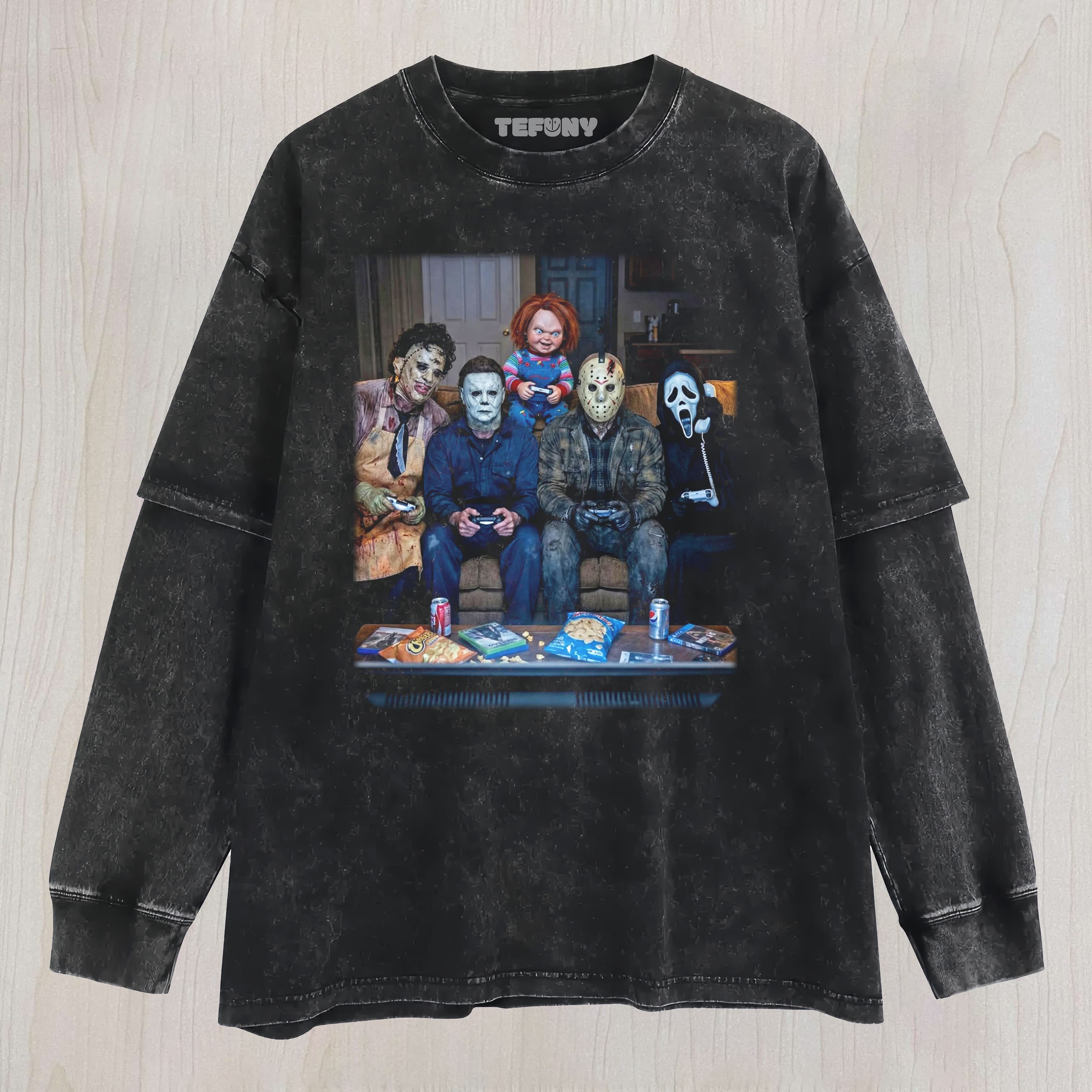 HORROR MOVIE VILLAINS PLAYING VIDEO GAMES LAYERED LONG SLEEVE