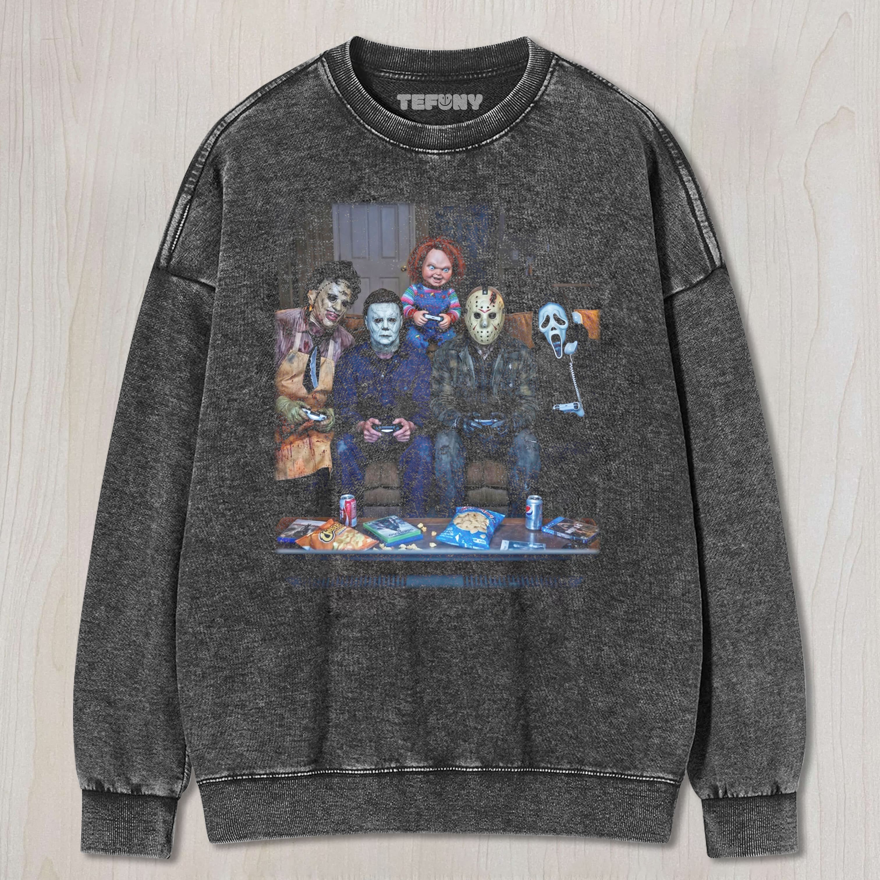 HORROR MOVIE VILLAINS PLAYING VIDEO GAMES TEE & SWEAT & HOOD