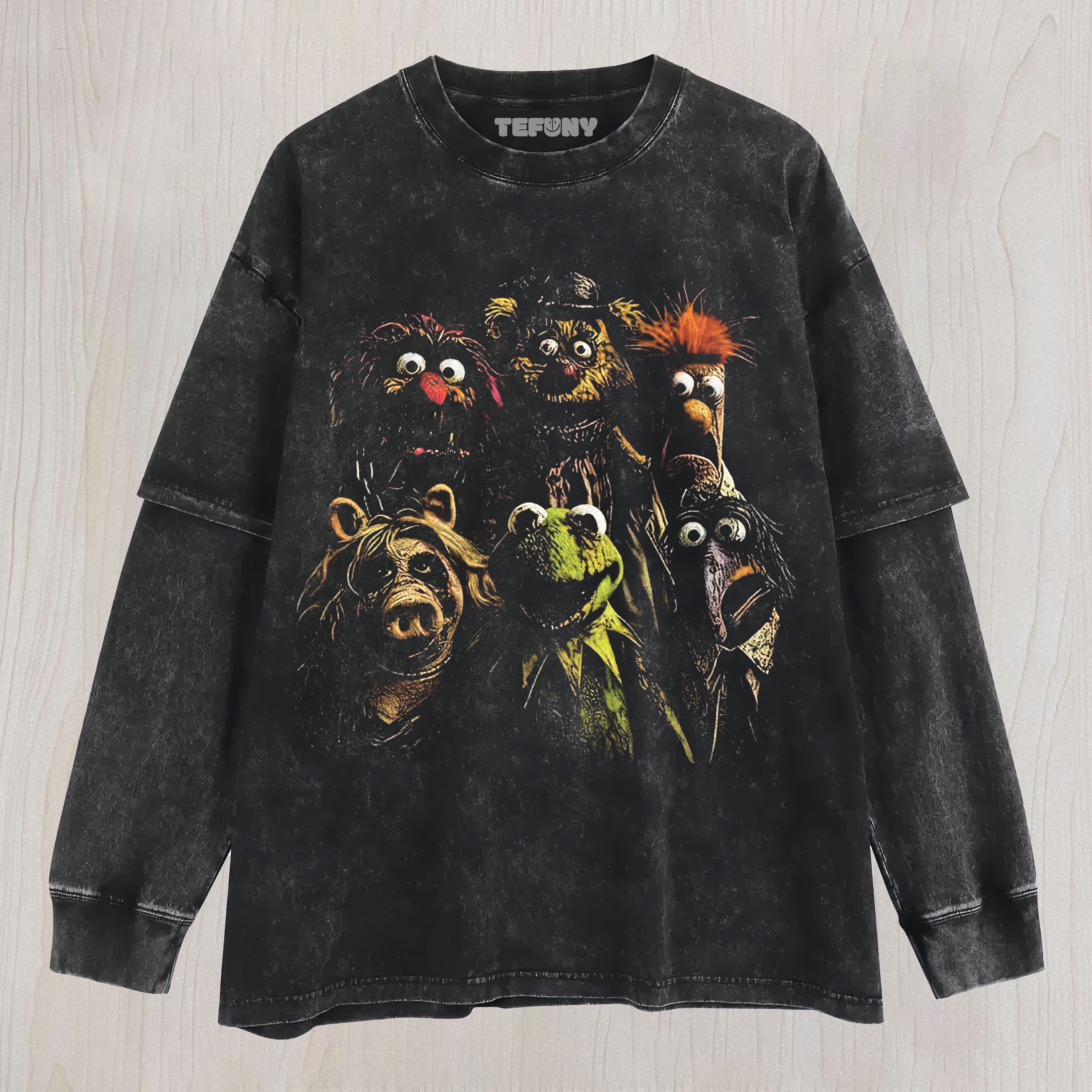 HORROR MUPPET CHARACTER GRAPHIE VINTAGE WASHED UNISEX TEE, TANK TOP, LAYERED LS, SWEATSHIRT & HOODIE