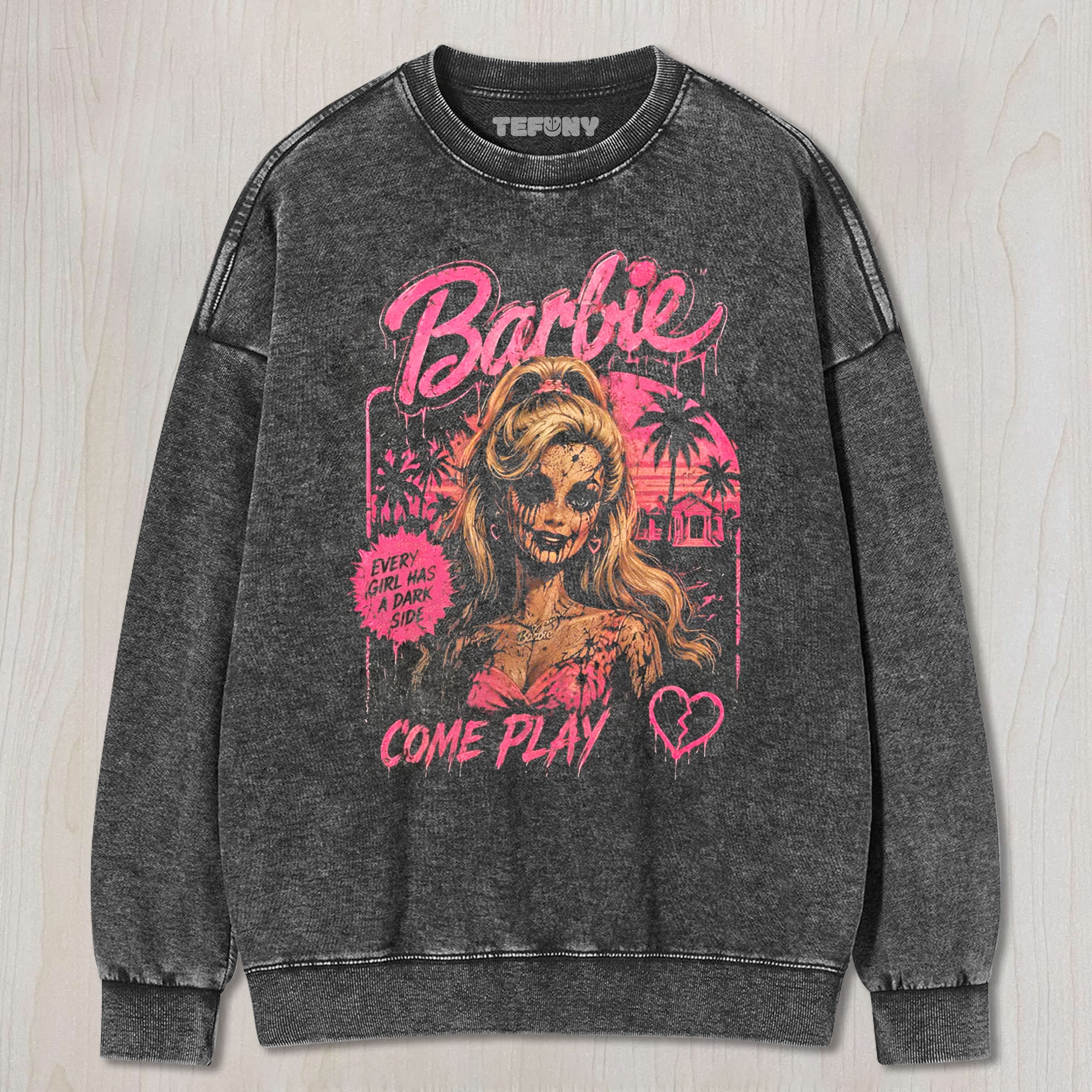 HORROR PINK DOLL GRAPHIC VINTAGE WASHED UNISEX TEE, TANK TOP, LAYERED LS, SWEATSHIRT & HOODIE