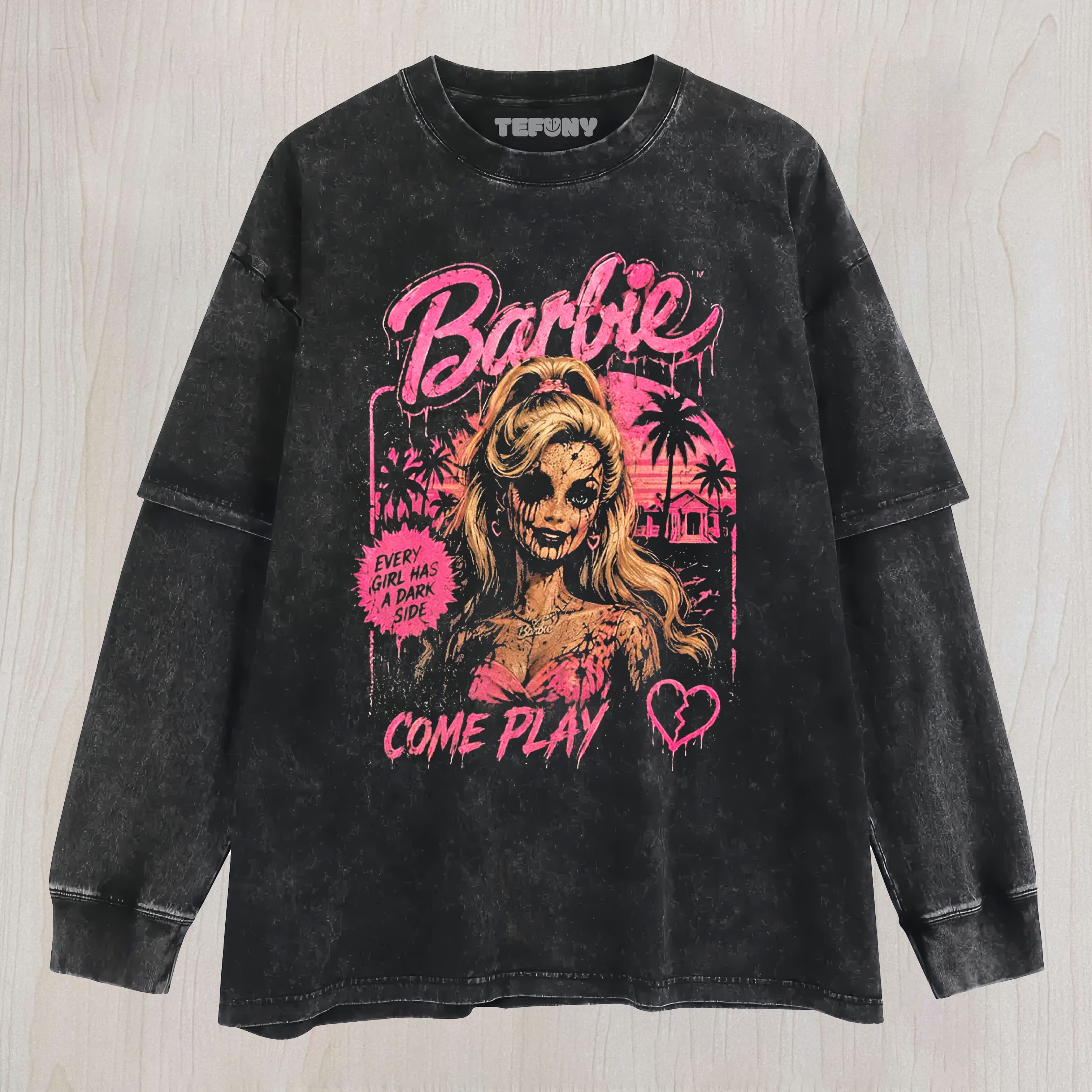 HORROR PINK DOLL GRAPHIC VINTAGE WASHED UNISEX TEE, TANK TOP, LAYERED LS, SWEATSHIRT & HOODIE