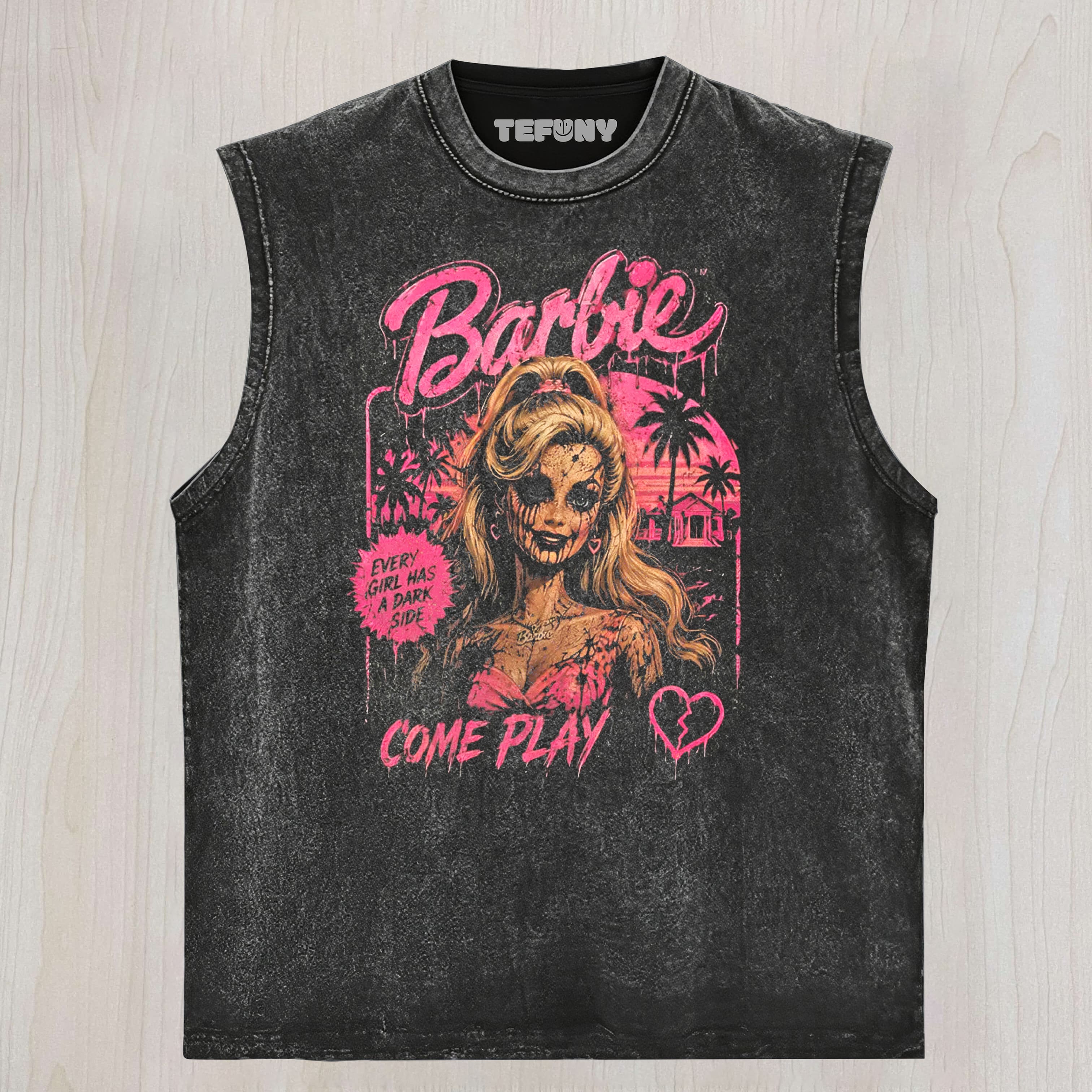 HORROR PINK DOLL GRAPHIC VINTAGE WASHED UNISEX TEE, TANK TOP, LAYERED LS, SWEATSHIRT & HOODIE