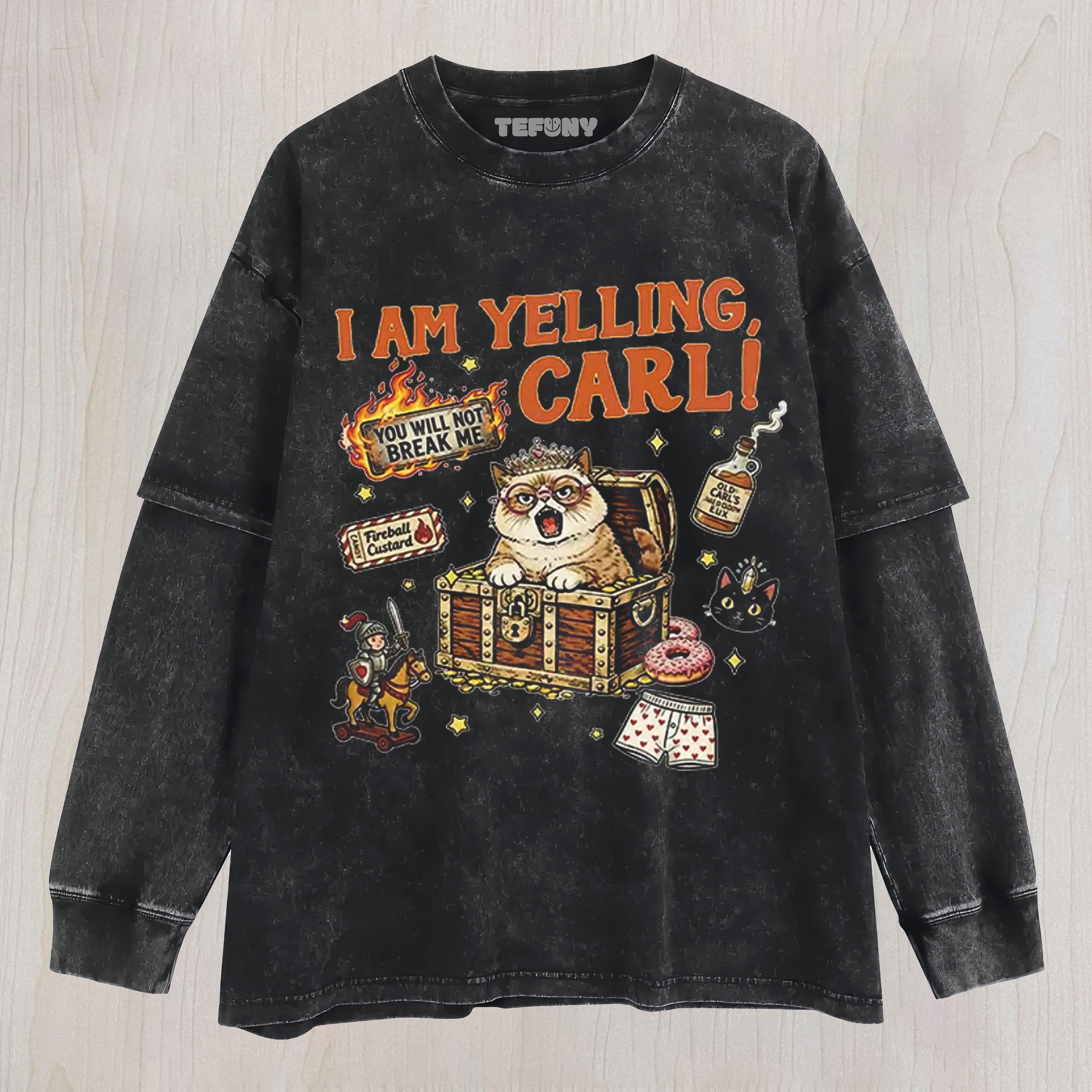 I AM YELLING CARL FUNNY CAT MEME UNISEX TEE, TANK TOP, LAYERED LS, SWEATSHIRT & HOODIE