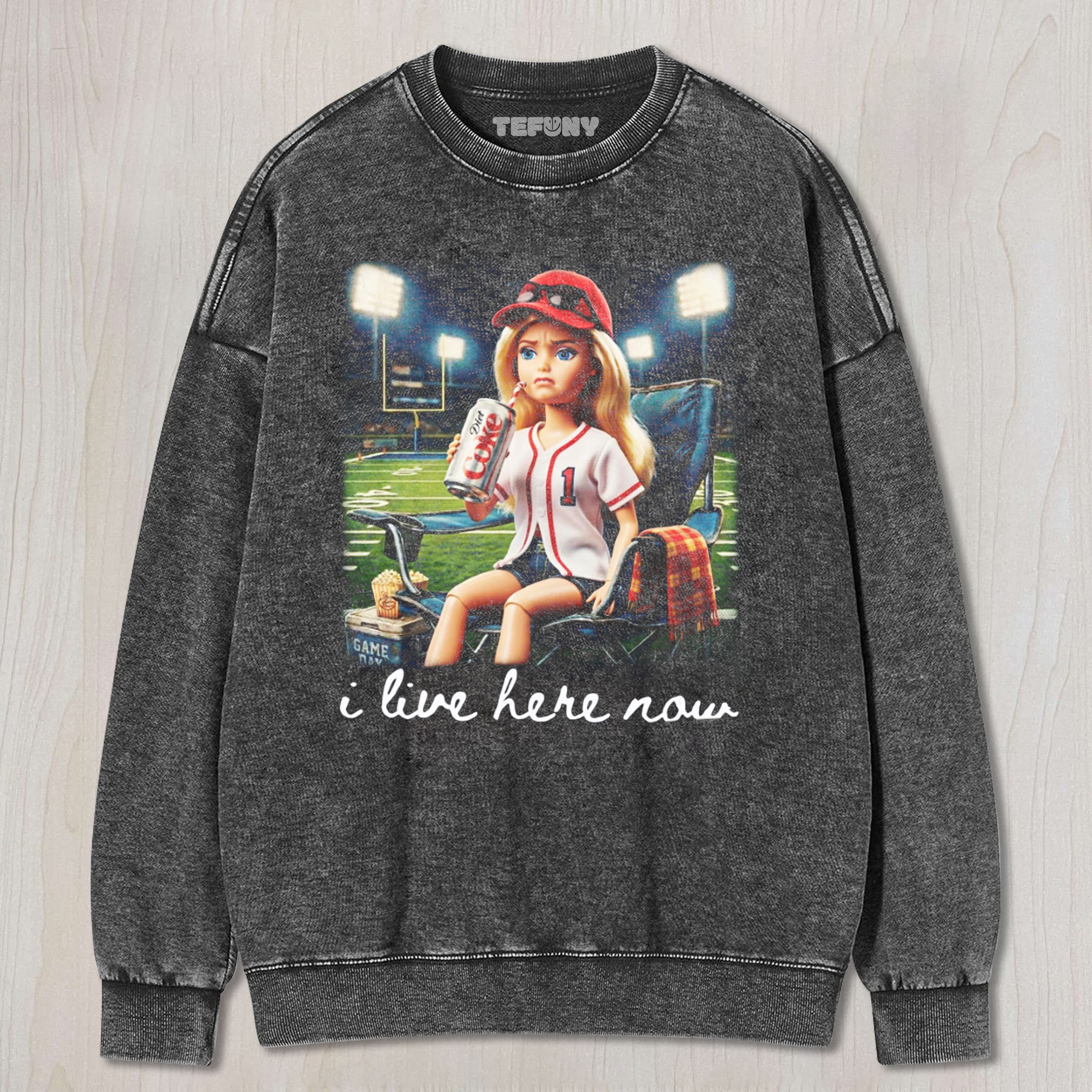 I LIVE HERE NOW BASEBALL MOM COMFORT UNISEX TEE, TANK TOP, LAYERED LS, SWEATSHIRT & HOODIE