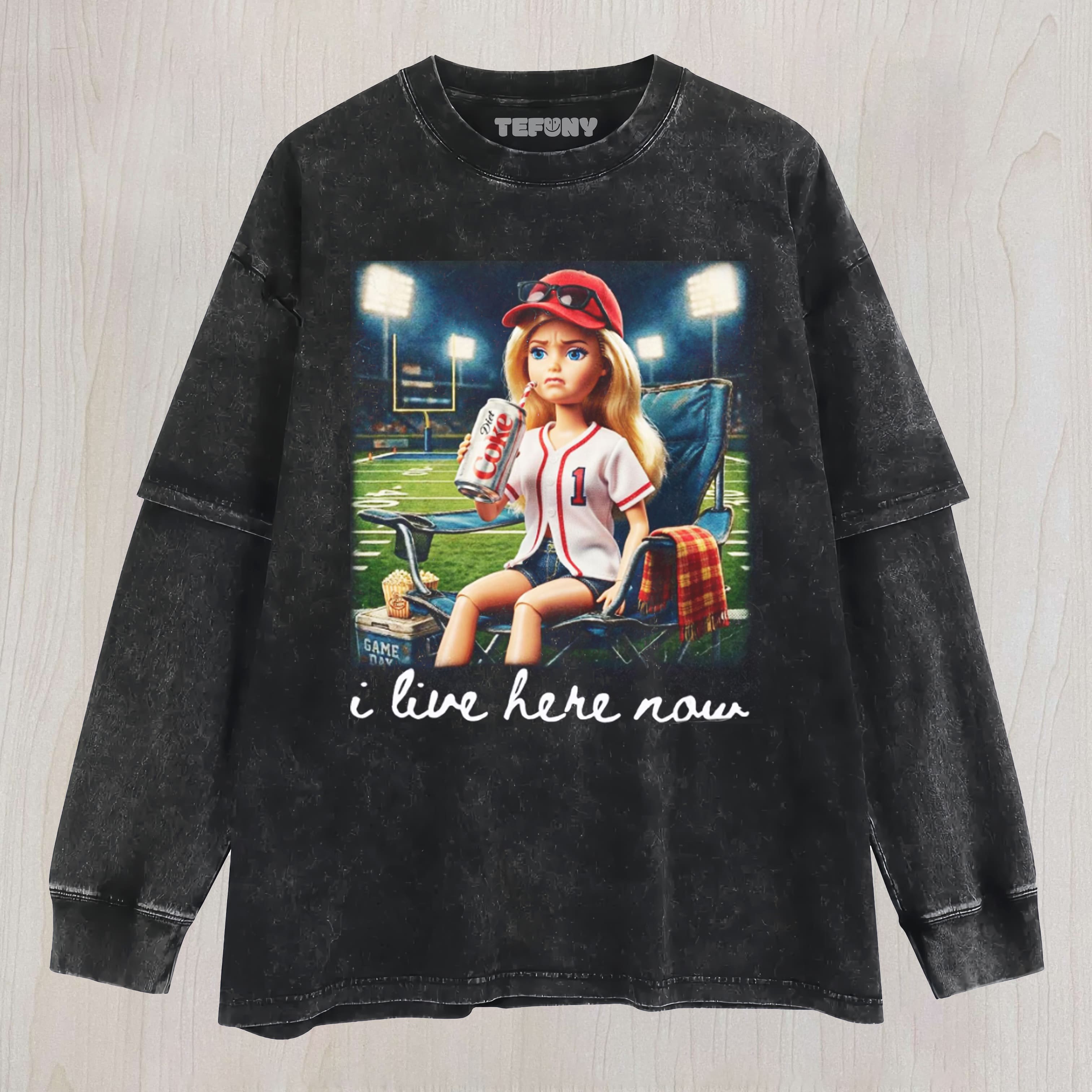 I LIVE HERE NOW BASEBALL MOM COMFORT UNISEX TEE, TANK TOP, LAYERED LS, SWEATSHIRT & HOODIE