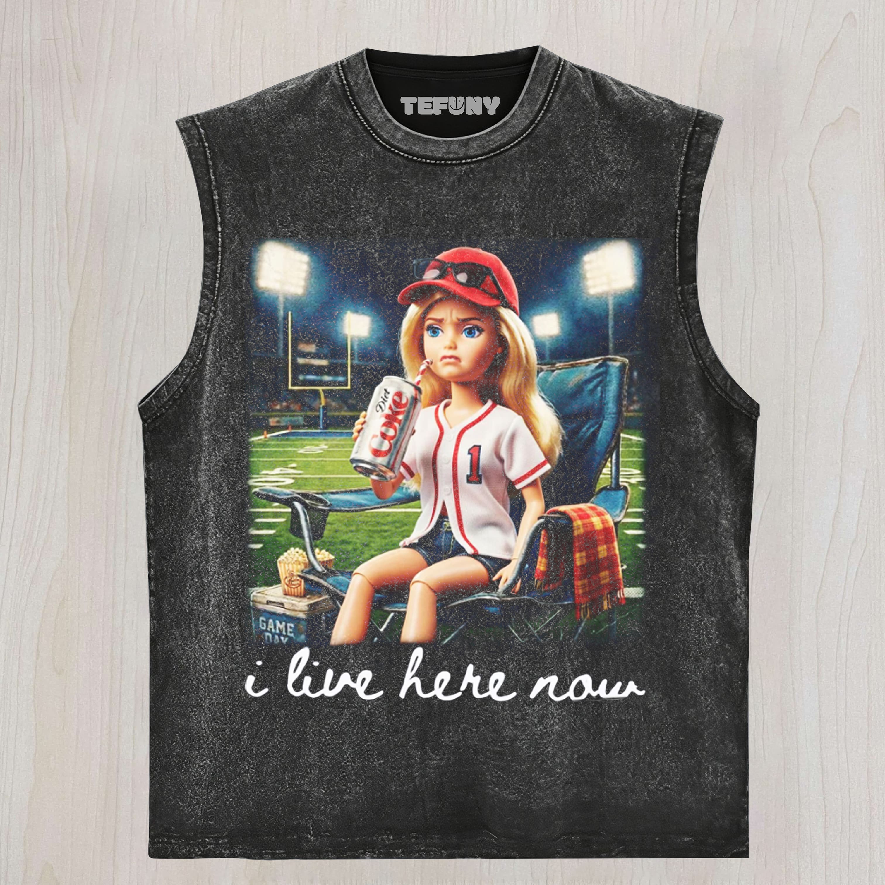 I LIVE HERE NOW BASEBALL MOM COMFORT UNISEX TEE, TANK TOP, LAYERED LS, SWEATSHIRT & HOODIE