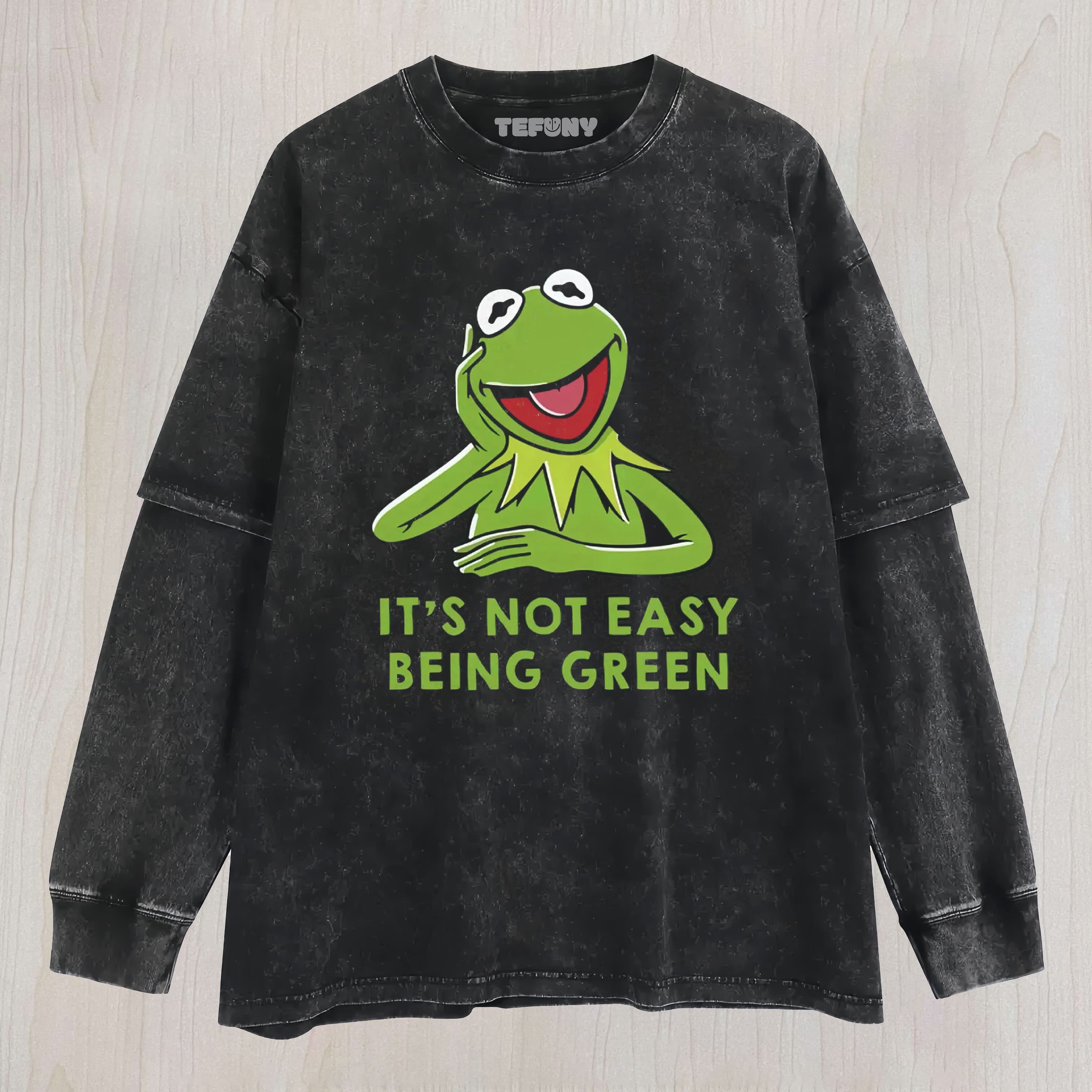 IT'S NOT EASY BEING GREEN KERMIT VINTAGE WASHED LAYERED LONG SLEEVE