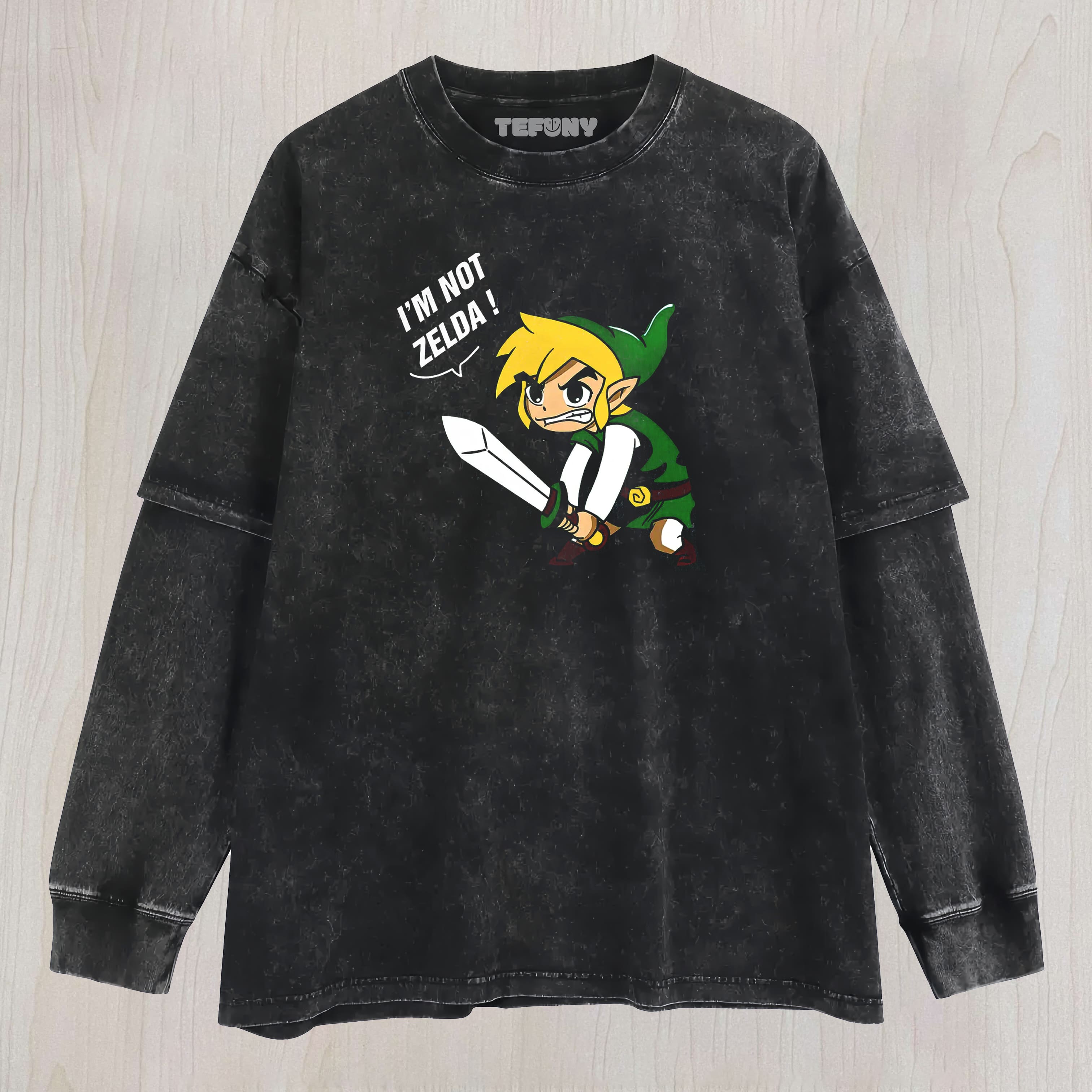 I'M NOT ZELDA! LINK MEME VINTAGE WASHED  LAYERED LONG SLEEVE